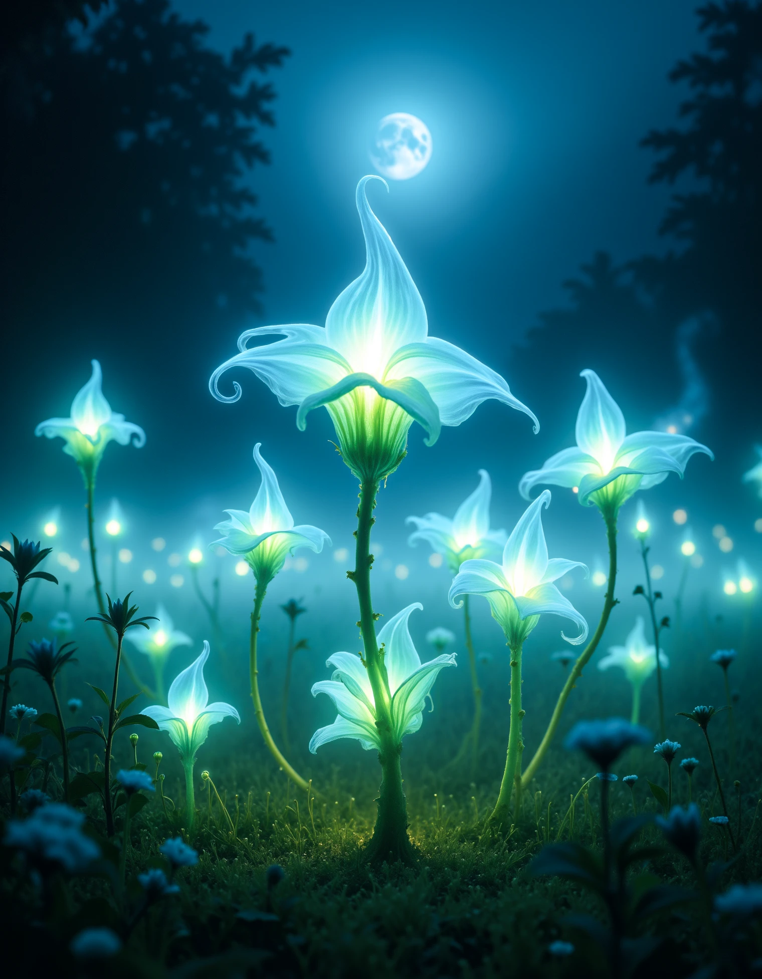 zavy-ctplsm, In a misty, moonlit meadow, strange flowers made of ectoplasm bloom. Their petals are translucent, glowing with a soft green and blue luminescence that casts faint shadows on the ground. The air around the flowers seems to ripple as ghostly wisps float above them. A light breeze moves through the meadow, and the ectoplasm flickers like a candle in the wind, creating a mesmerizing, dreamlike scene