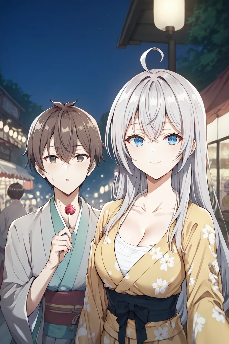 score_9, score_8_up, score_7_up, source_anime, 1boy and 1girl, night, market, BREAK
1boy, looking at viewer, <lora:masachika_kuze_anime-soralz:0.6>, masachika kuze, short hair, brown hair, hair between eyes, brown eyes,
(kimono:1.2), lollipop,
BREAK
1girl, looking a viewer, light smile, <lora:alisa_mikhailovna_kujou_anime_v5-soralz:0.6>, alisa mikhailovna kujou, long hair, silver hair, ahoge, crossed bangs, sidelocks, blue eyes,
yellow kimono, floral print, collarbone, breasts, waist, long sleeves, selfie, japanese clothes, cleavage,