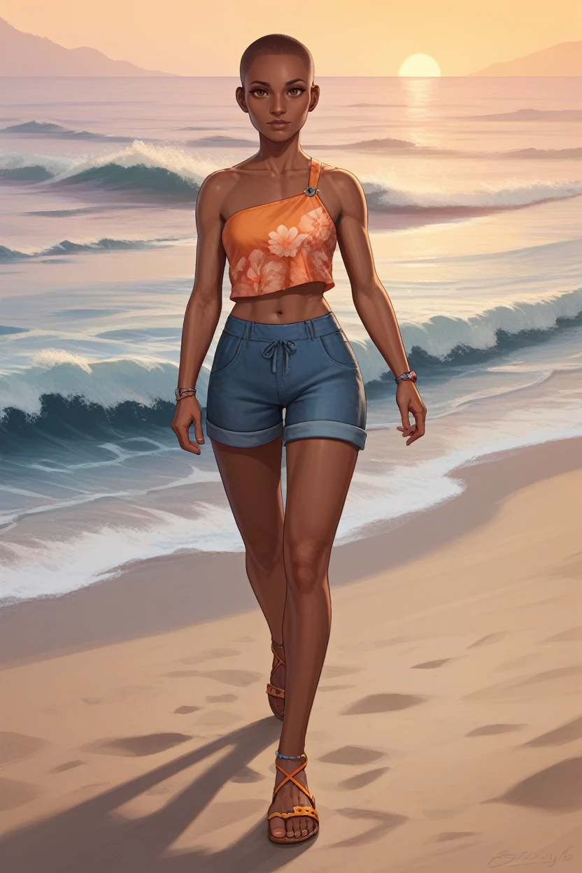 score_9, score_8_up, score_7_up, score_6_up
<lora:CyberTBug:0.8>
CyberTBug, 1girl, dark skin, buzz cut, brown eyes, looking at viewer, walking barefoot on a sandy beach, holding sandals in one hand, waves gently lapping at the shore, vibrant sunset with pink and orange hues, relaxed and contemplative atmosphere