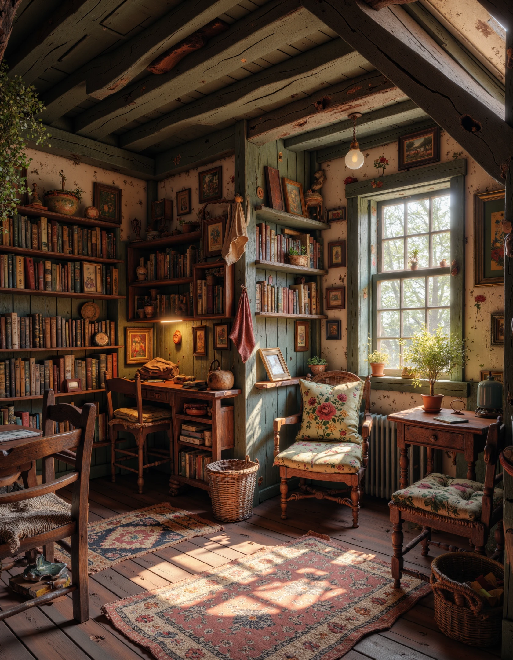 a stunning photograph of a cute scene, Library - Filled with books, cozy nooks, and a reading chair by the window.. <lora:Cottagecore_Flux:0.8> c0ttagec0re