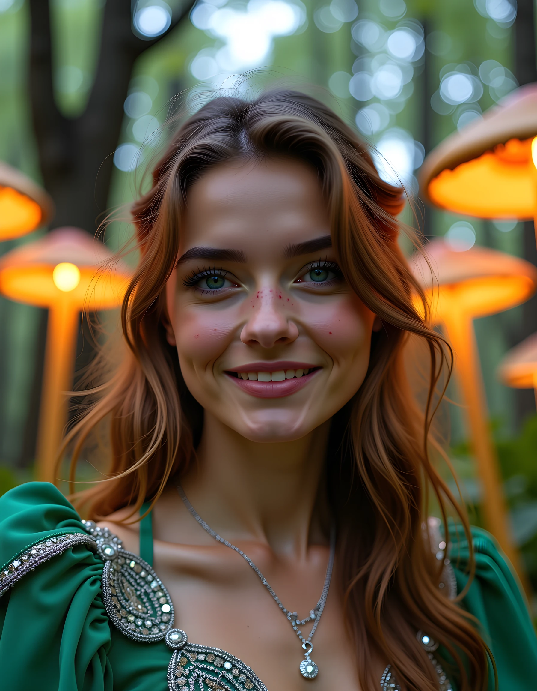 In a whimsical, dreamlike setting of an enchanted forest at twilight, the camera captures a close-up image from a low angle, focusing on C1ND1E - a woman with vibrant green eyes and freckles cascading across her nose. Her lips are parted slightly to reveal a radiant smile, adorned with a delicate silver necklace that glints in the soft, golden light filtering through the forest canopy. She wears a unique outfit consisting of a flowing emerald-green gown with intricate silver embroidery, her hair cascading down her back like a waterfall of shimmering gold leaves. The background is filled with ethereal, glowing mushrooms and towering trees, their branches reaching out as if to embrace her, creating an atmosphere of wonder and enchantment. The emotional tone of the image is one of serenity and contentment, capturing a moment of pure, unadulterated joy in this magical realm.