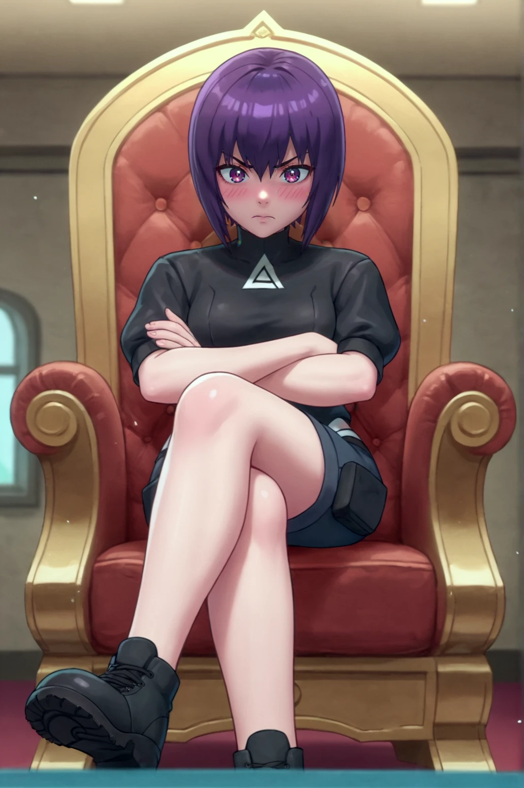 score_9, score_8_up, score_7_up,anime_source, source_anime, best background, detailed background, anime screencap,  Matoko Kusanagi SAC 2045, Main Outfit, indoors, blush, dynamic angle, dynamic pose, tsundere, crossed legs, crossed arms, sitting, throne, <lora:JN_Matoko_Kusanagi_SAC_2045:0.8>