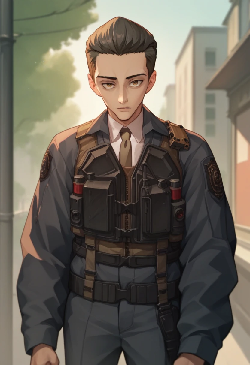 score_9, score_8_up, score_7_up, source_anime BREAK <lora:oswald-nikke-richy-v1_pdxl:1> 1boy, solo, male focus, oswald, brown eyes, black hair, hair slicked back, short hair, jacket, collared shirt, brown necktie, bulletproof vest, pants, military uniform, looking at viewer,