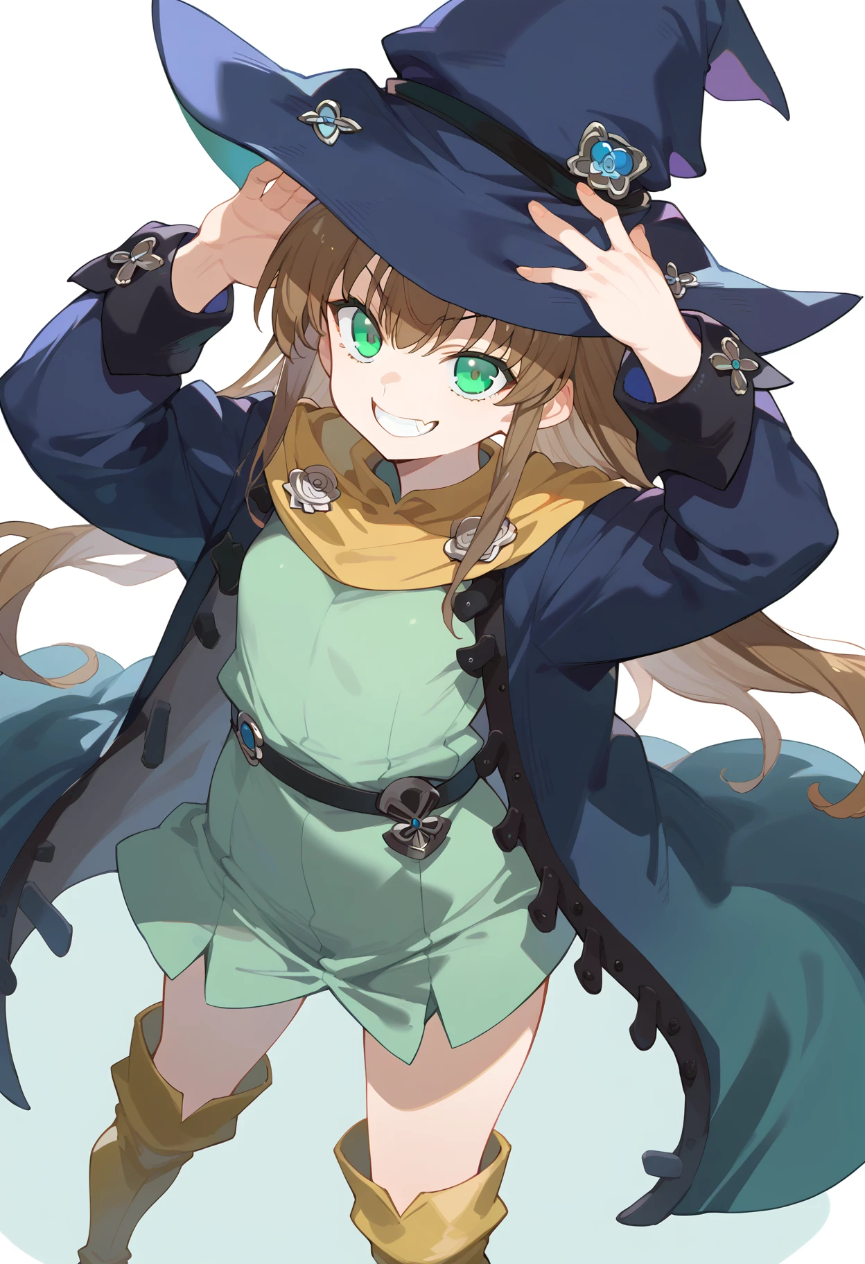 score_9, score_8_up, score_7_up, source anime, el mofus, 1girl, long hair, green eyes, brown hair, blue witch hat, blue robe, yellow scarf, green dress, belt, yellow thigh boots, hand on headwear, evil grin,