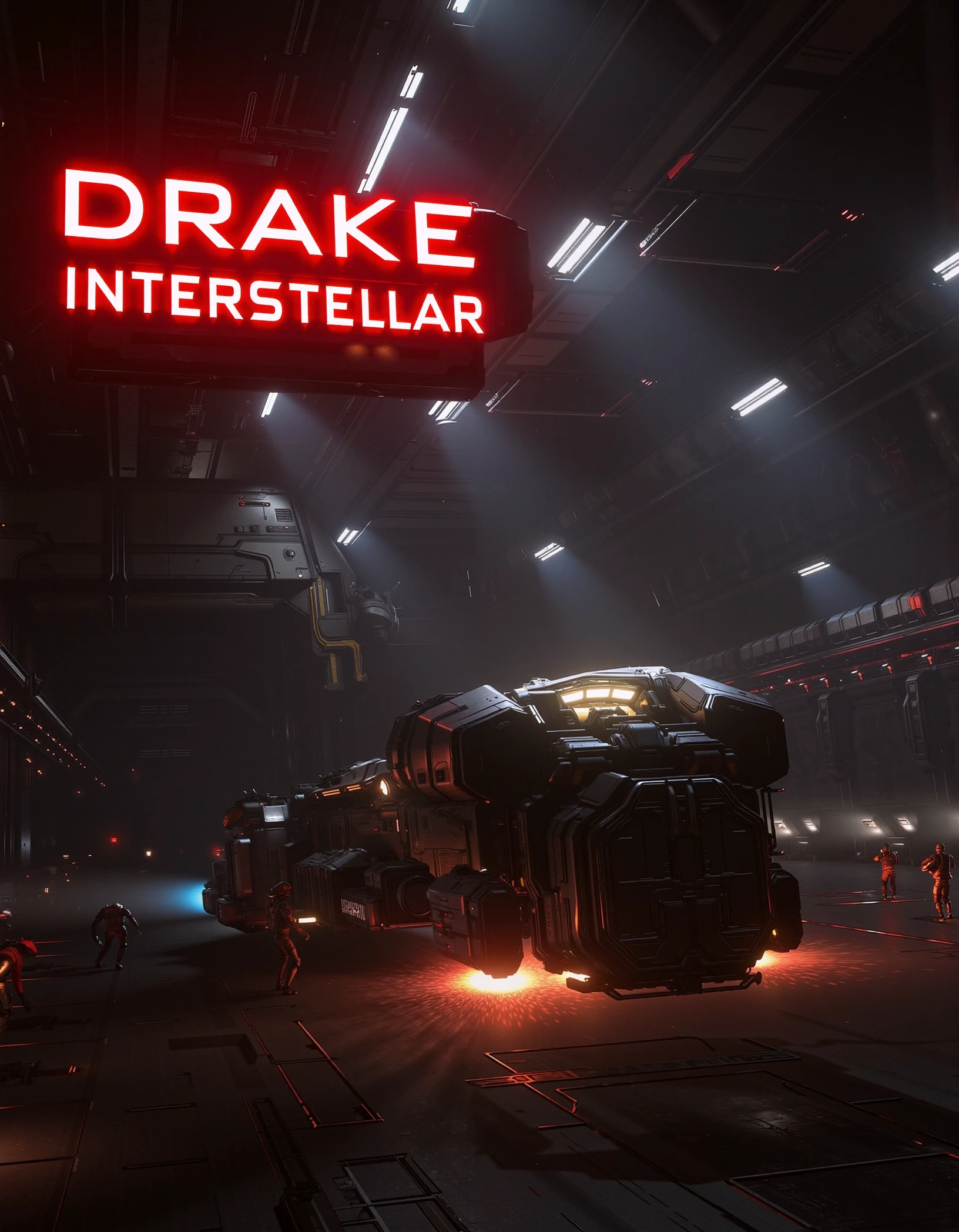 cinematic shot of a spaceship manufacture with metal smeltering, robots working on various parts like the hull, thrusters, landing gears, at the top of the scene, the a sign indicating: 
DRAKE INTERSTELLAR in big bold red glowing lettering all in uppercase with a sans-serif font