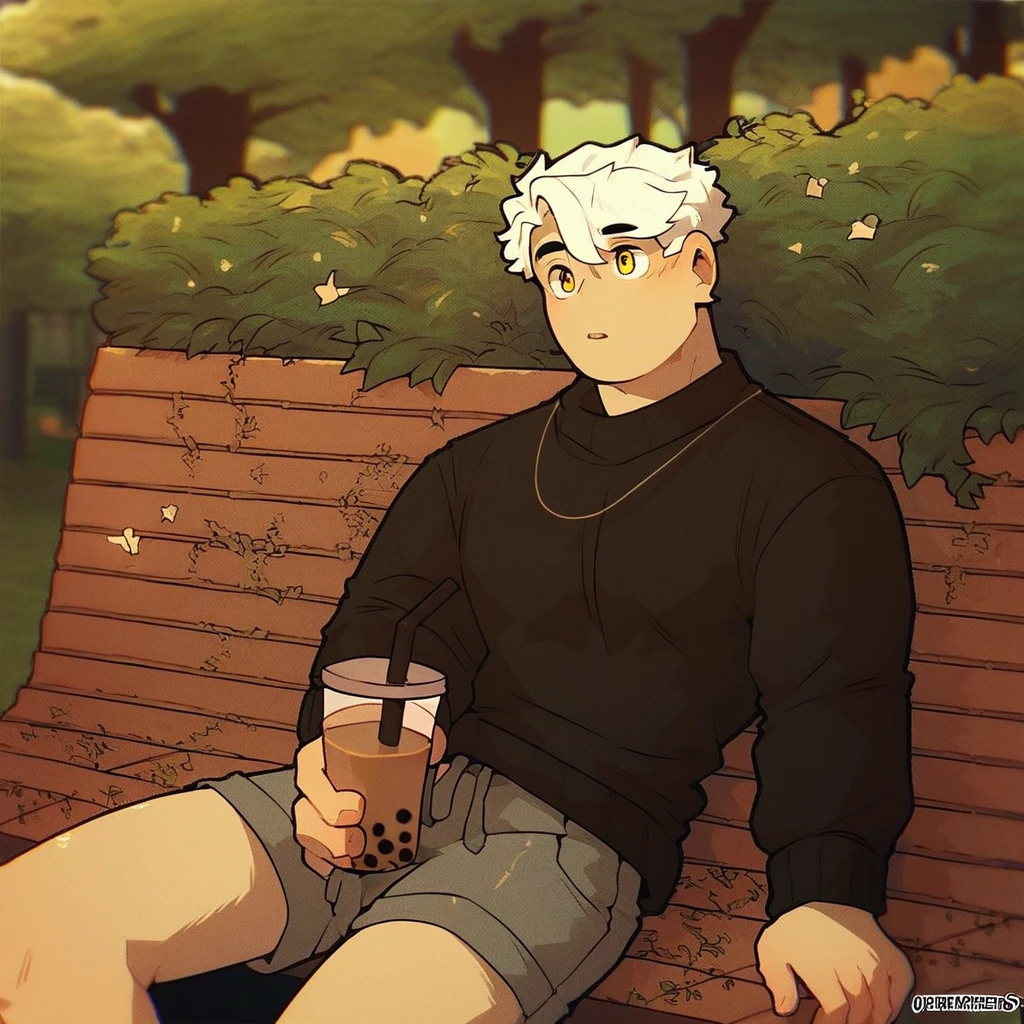 score_9_up, score_8_up, score_7_up, mikus-revereets, black body, white hair, yellow eyes, park, holding, bubble tea, black sweater, gray shorts, 1boy, solo