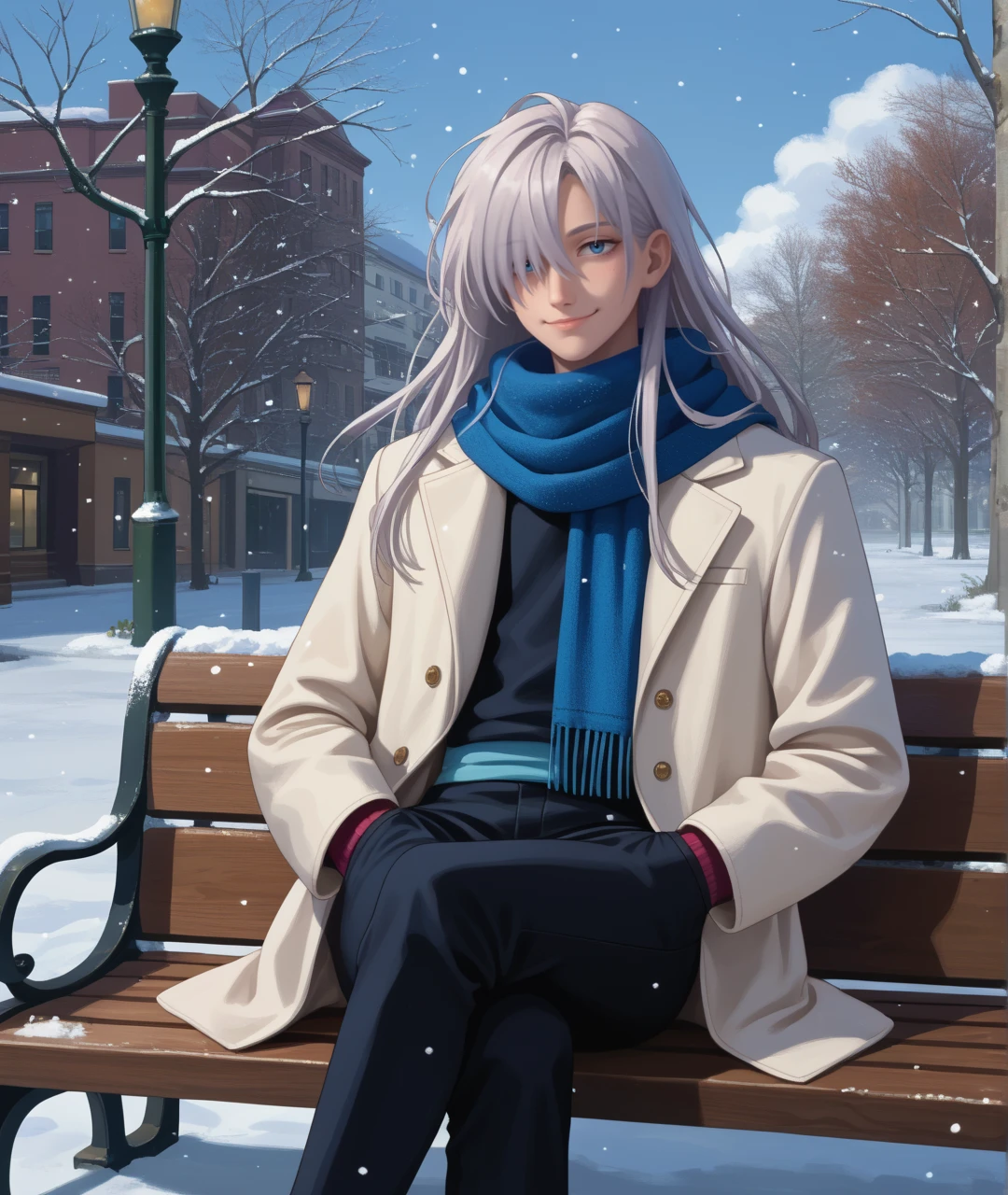 score_9, score_8, score_7, score_6_up, source_anime, outdoors, snow, snowing, park,
BREAK
1boy, hxhkite, skinny, androgynous, white hair, grey hair, very long hair, hair over one eye, blue scarf, black scarf, coat, white coat, scarf over mouth, black pants, messy hair, jitome, smile, sideways glance, sitting, bench, crossed legs, hands in pockets, , 
<lora:hxhkite-ravenfoot-v1final:0.8>