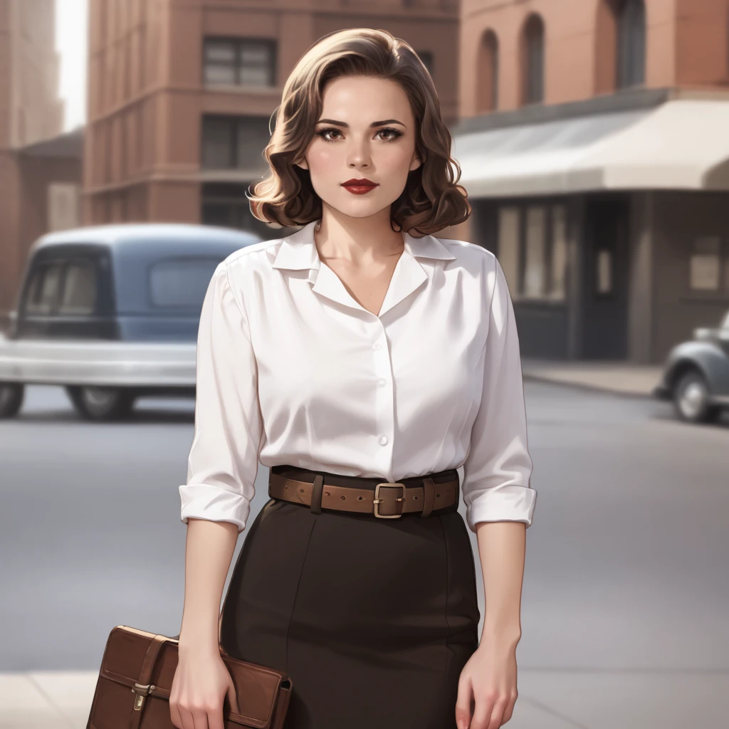 <lora:peggycartermcu_pony_v1:1>PeggyCarterMCU, 1girl, skirt, belt, brown eyes, collared white shirt, brown medium hair, red lips