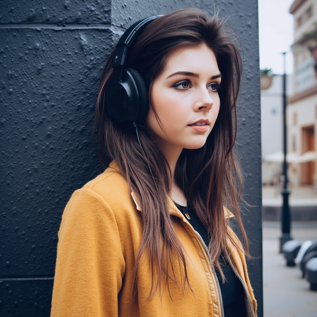 A portrait of elise_trouw, captured in a side profile, leaning against a dark, textured wall. She wears black over-ear headphones, indicating she is listening to music. Her long brown hair flows down her back, and she wears a mustard-colored jacket with a zippered front. The background shows a cityscape with a building facade and a sign reading 'HOTEL'. The image has a moody, urban style, emphasizing the subject's contemplative expression.