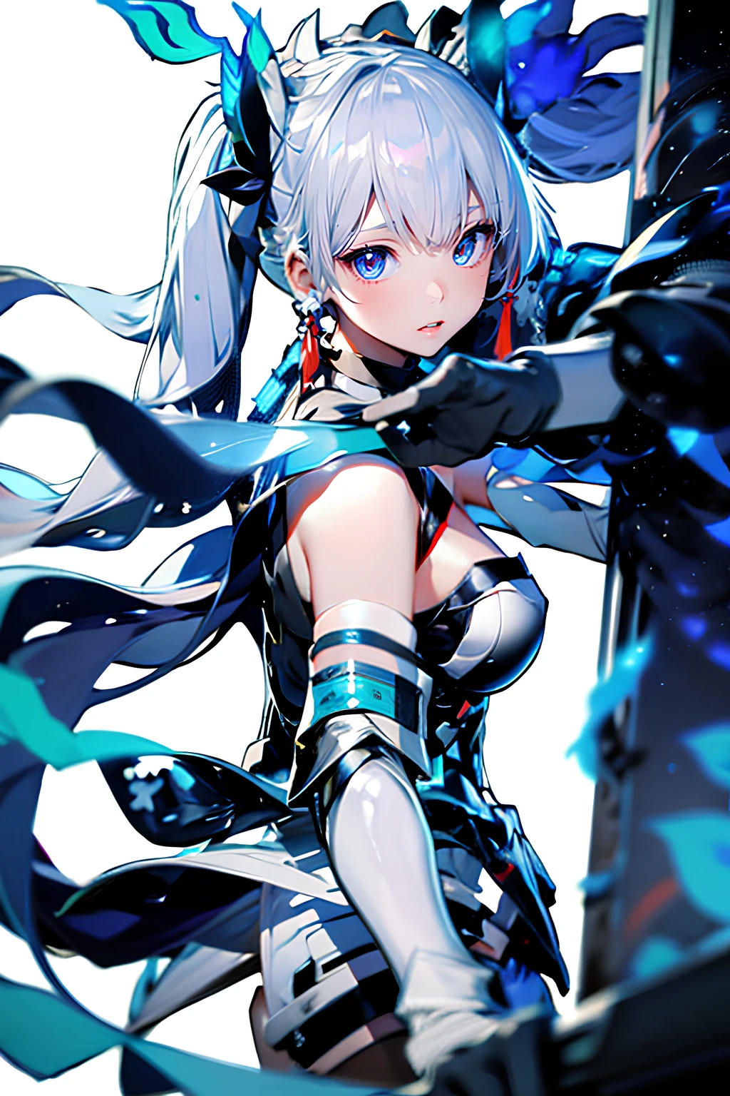 airi heavenly striker, 1girl, solo, gloves, perfect breasts, blue eyes, white hair, long hair, ponytail, white dress