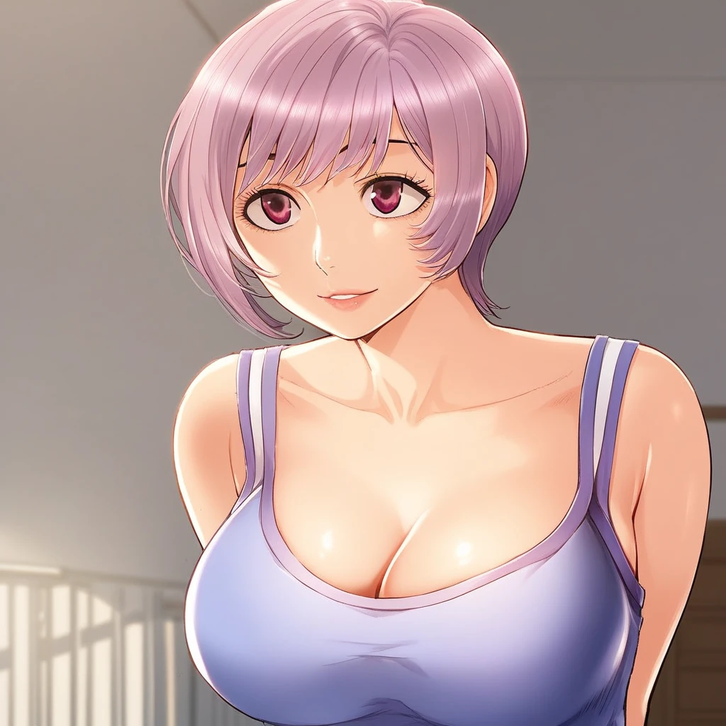 score_9, score_8_up, score_7_up, ASCII masterpiece, source_anime, BREAK, 1girl, solo, (( <lora:sung_yu-yeong:1> , sung_yu-yeong, thin waist, wide hips, beautiful skin, piercing magenta color eyes, clear eyes, bright pupils, beautiful eyes, beautiful light pink hair, beautiful short hair, bangs, big and shaggy breasts, natural beauty, extraordinary beautiful woman, attractive woman, super sexy woman, lustful body, sexy woman with seductive obscene body, sensual body, voluptuous body, sexy beauty, no piercings, no piercing, )) , ((blue camisole, obscene cleavage, huge cleavage, navy blue sport shorts with white edge, )) , sexy pose, cowboy shot, seducative smile, sexy, hands behind back, inside hotel room, morning lights,