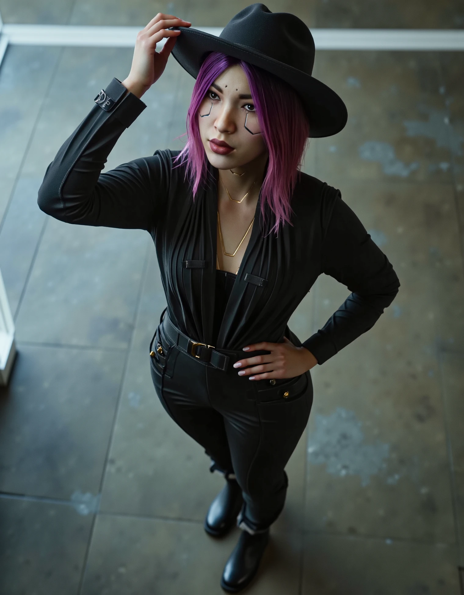 zavy-sngbrd-flx, sngbrd-chrm, raw photo, cinematic film still (top-down perspective shot:1.3), glamour shot of a woman wearing black jumpsuit, wide-brimmed hat, and ankle boots Standing with one hand on the hip and the other hand on the chin, with a thoughtful expression on the face, purple hair, cyberware body