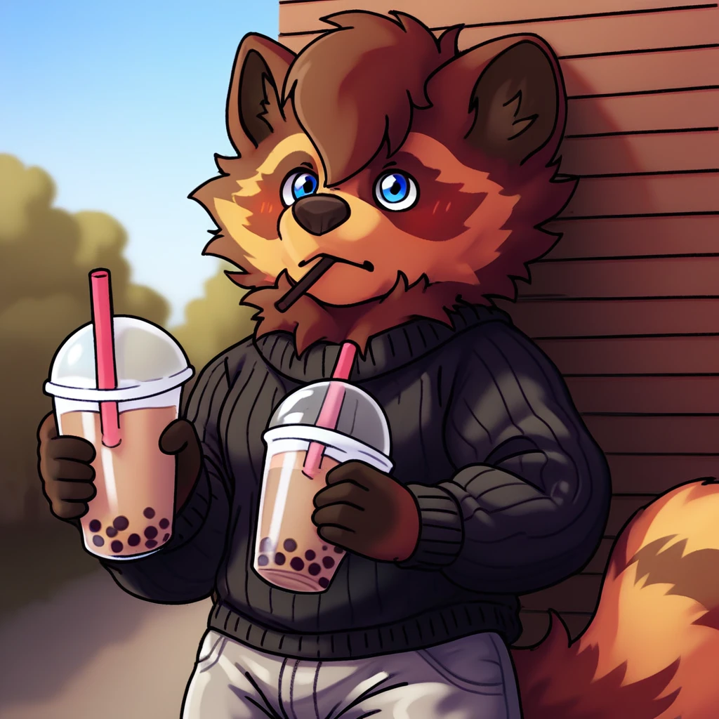 score_9_up, score_8_up, score_7_up, source_furry, silver.exe, blue eyes, brown fur, raccot, black sweater, gray shorts, holding, bubble tea, park