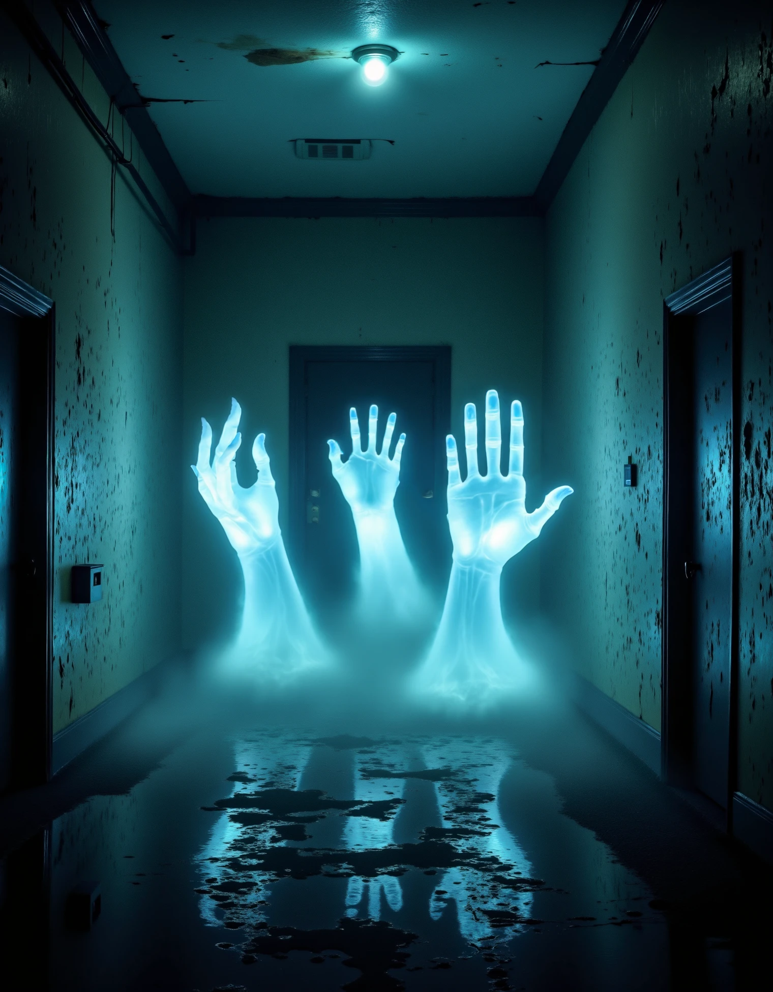 zavy-ctplsm, In a dark, abandoned hallway, disembodied hands made of ectoplasm materialize, glowing with a pale, luminescent light. They hover just above the ground, their fingers extending as if grasping for something unseen. The hallway is dimly lit by a flickering overhead light, but the ectoplasm glows bright enough to cast ghostly reflections on the walls, creating an unsettling atmosphere of impending doom