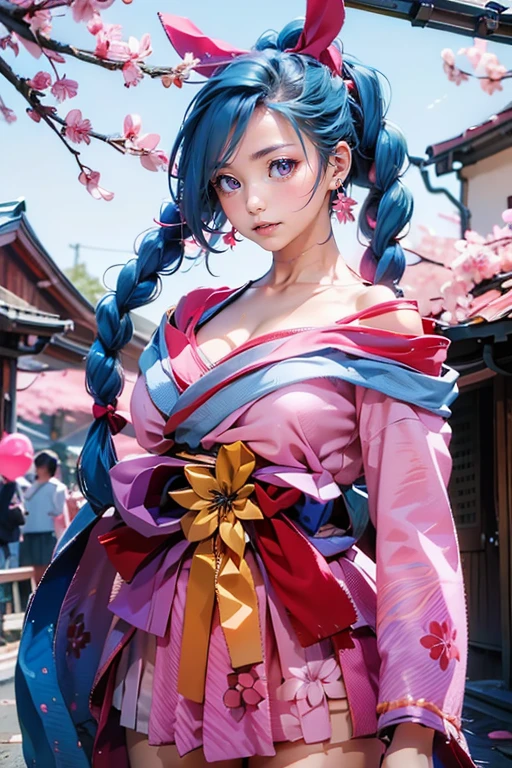 <lora:airi sakura fubuki aov new:0.8>, airi sakura fubuki, 1girl, solo, long hair, very long hair, blue hair, hair ornament, braid, twin braids, ribbon, hair ribbon, earrings, looking at viewer, pink eyes, lips, flower, bow, jewelry, japanese clothes, ((bare shoulders)), floral print, socks, kimono, print kimono, short kimono, obi, long sleeves, breasts, large breasts, tabi, skirt, pink skirt, geta, platform footwear, simple background, (realistic:1.4), best quality, ultra high res, (photorealistic:1.4), masterpiece, real life skin, hyper real