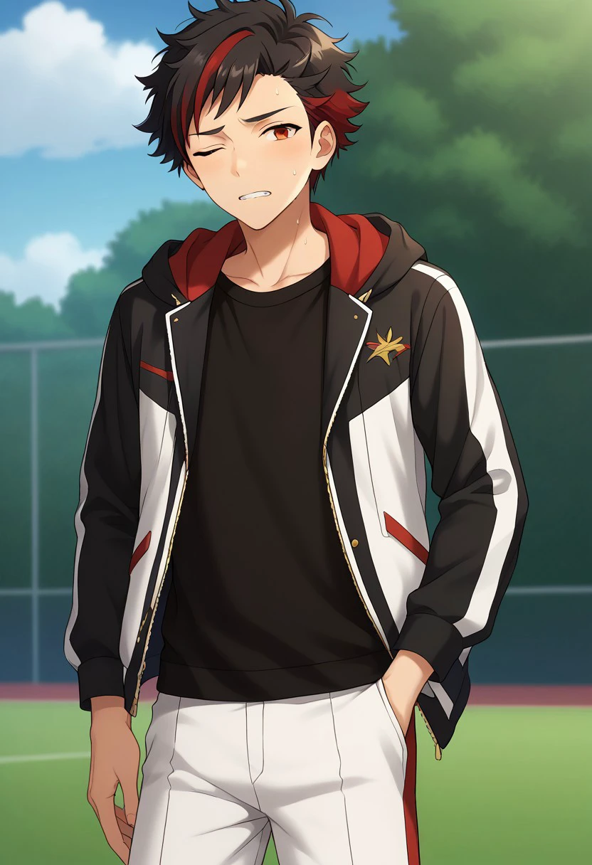 score_9, score_8_up, score_7_up, source_anime, highly detailed, 
nagumo, 1boy, male focus, solo, black hair, red hair, multicolored hair, streaked hair, red eyes, practice uniform, shirt, black shirt, jacket, hooded jacket, open jacket, open clothes, track suit, white pants, sweat, tired, teeth, one eye closed,
indoor,