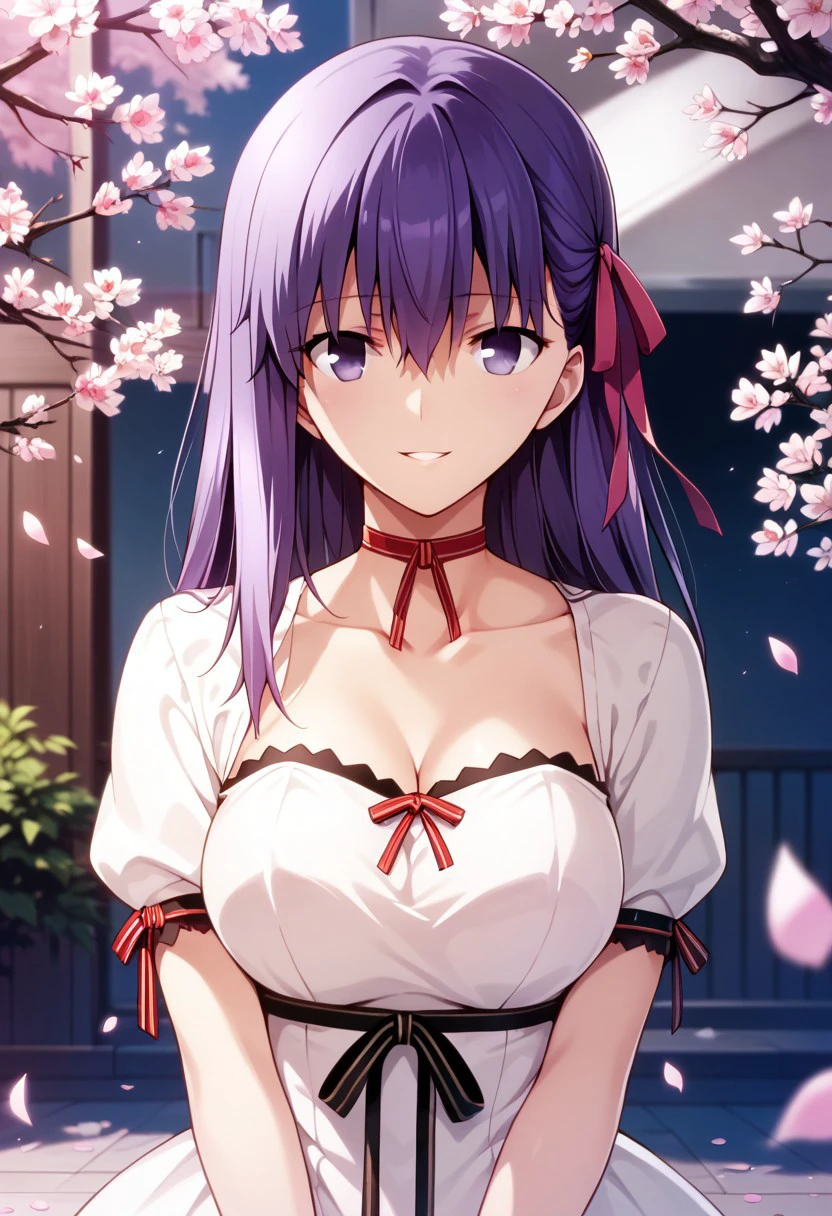 score_9,score_8_up,score_7_up,source_anime, MATOU_SAKURA,1girl,solo,long hair,breasts,looking at viewer,smile,bangs,dress,ribbon,hair between eyes,purple eyes,collarbone,hair ribbon,upper body,purple hair,short sleeves,parted lips,shiny,white dress,shiny hair,official alternate costume,red ribbon,petals,black ribbon,pink ribbon,