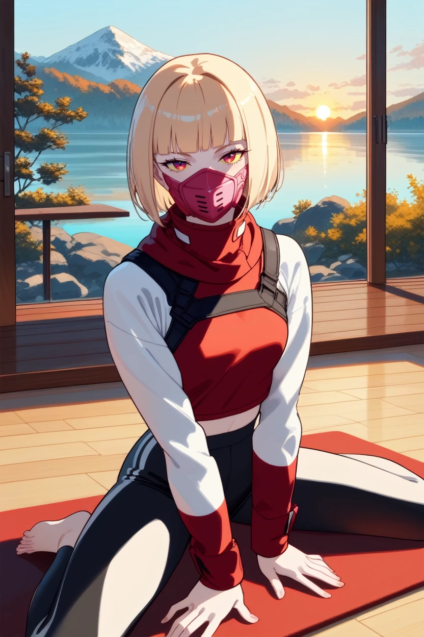 score_9, score_8_up, score_7_up, score_6_up
<lora:ERKiwi:1.0>
ERKiwi, 1girl, blonde hair, short hair, red eyes, colored sclera, blunt bangs, mouth mask, looking at viewer, sitting cross-legged on a yoga mat, meditating, sunrise over a mountain lake in the background, mist rising from the water, serene and focused atmosphere