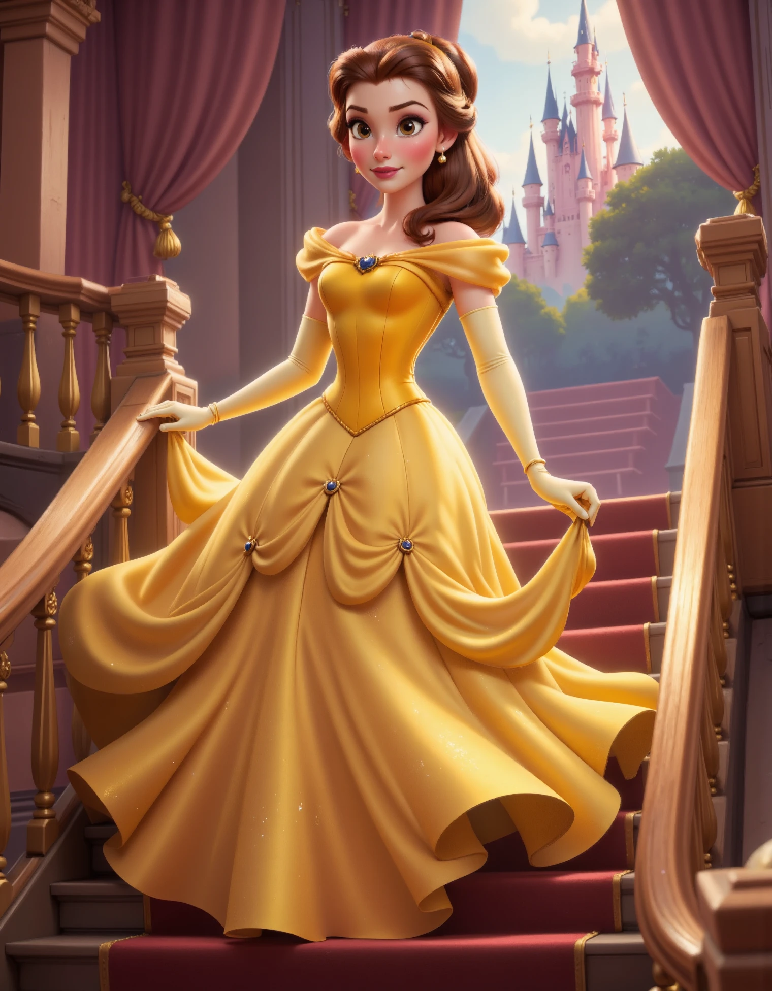 Belle, princess belle in yellow dress, Belle is descending a grand staircase in a magnificent castle, her yellow gown flowing elegantly behind her. She’s holding onto the railing lightly, with a poised and confident expression as she makes her way down, disney style