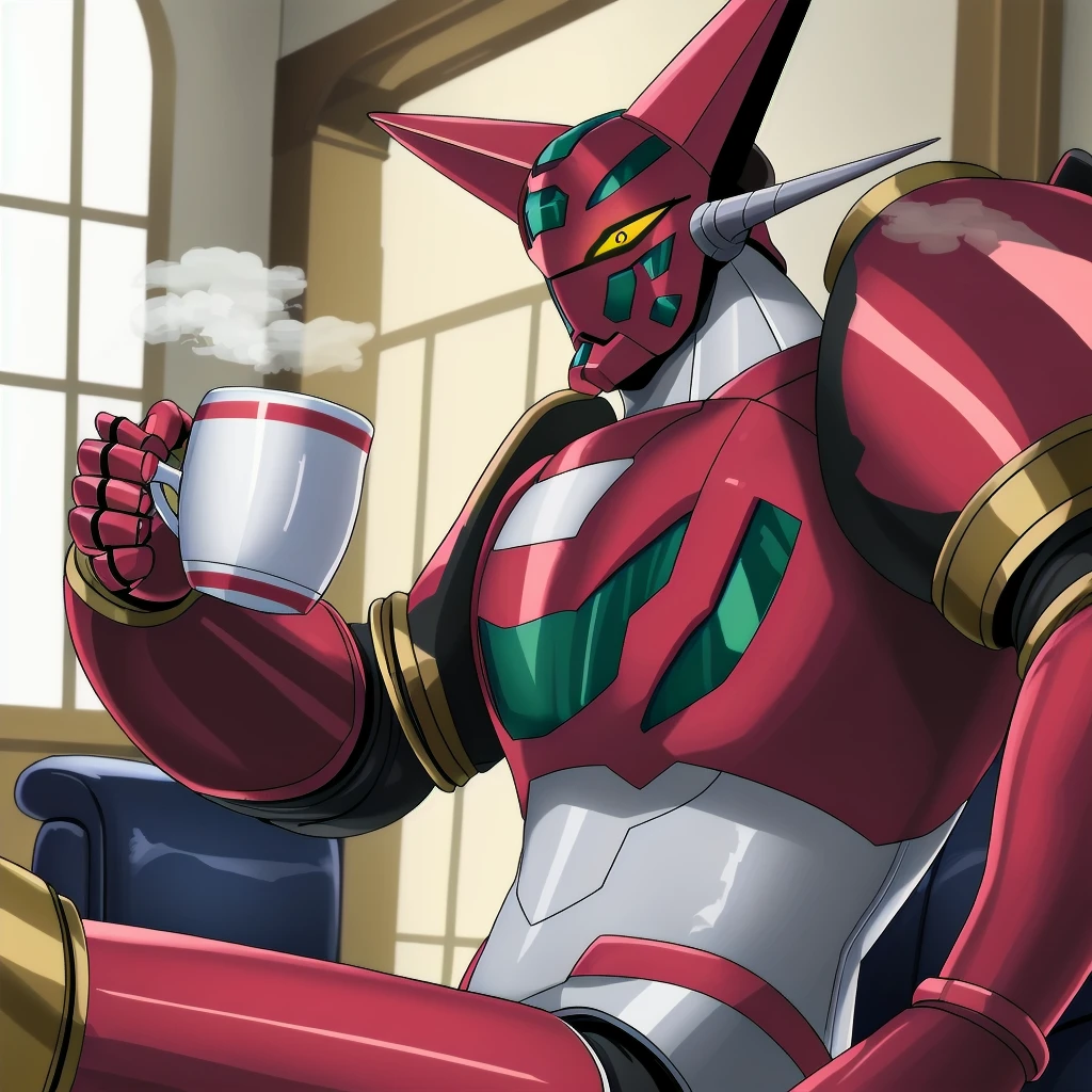 masterpiece, best_quality, detailed_face, detailed_eyes, highres, beautiful, detailed, 8k wallpaper, best quality, highres, detailed beautiful faces,  yellow eye ,solo, sitting,indoors,couch,armor,shin_getter1, mecha,super robot, yellow eyes,full body,standing , wings, drinking tea, holding cup<lora:ShinGetter1-000009-2:0.7>