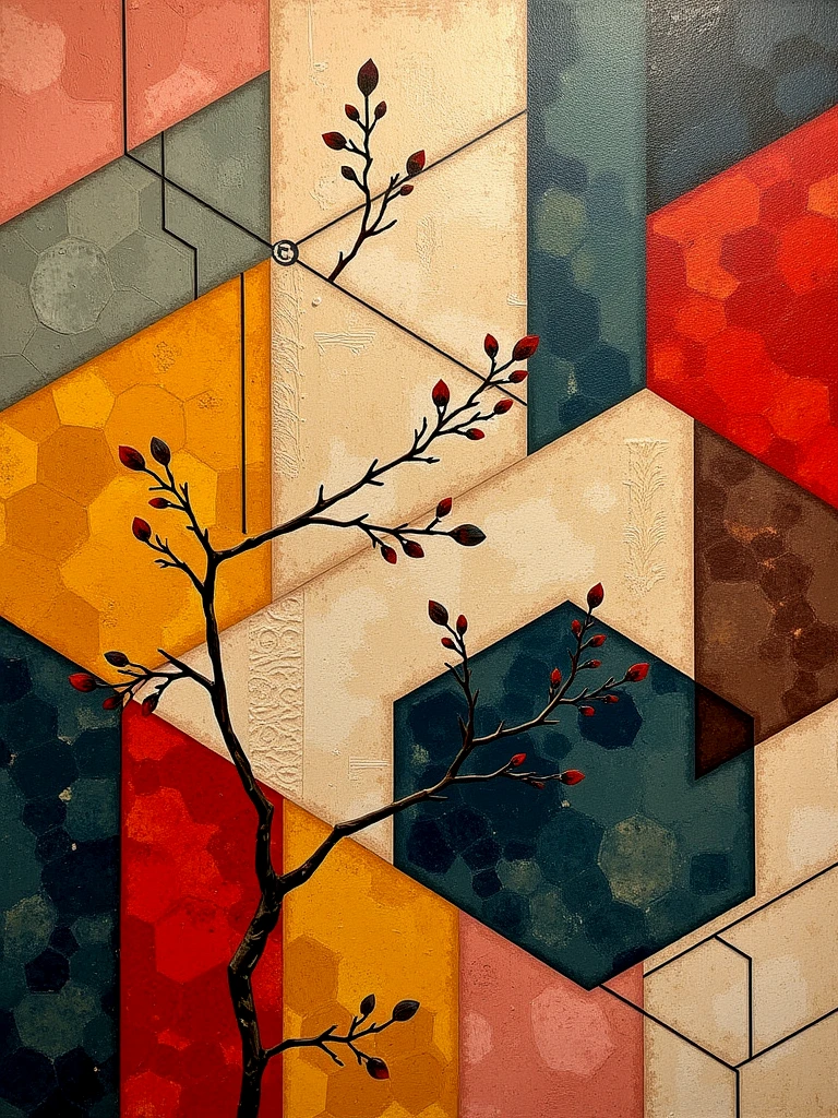 An original abstract painting. Geometric shapes. Advanced artform. Rustic.
Oil painting.
gmtrcCE style