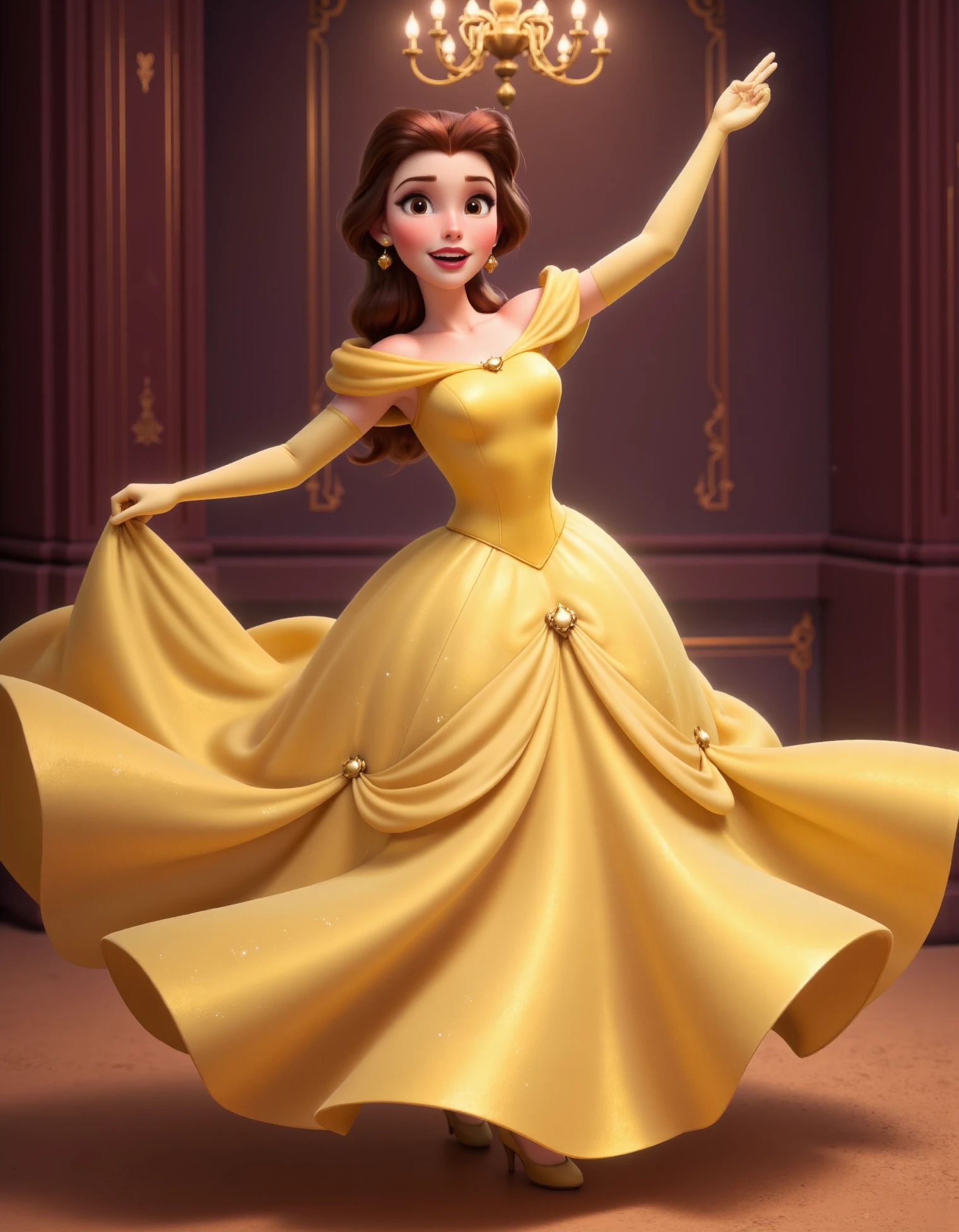 Belle, princess belle in yellow dress, Belle is twirling gracefully in the grand ballroom at night, her yellow dress flowing around her as she spins. The chandeliers above cast a warm glow, and she has a joyful expression as she dances alone, lost in the moment, disney style