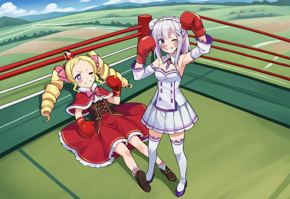 bruised eye, bruise on face, one eye closed, clenched teeth, boxing gloves, red boxing gloves, <lora:girlsboxingdownlorapony1-000100:0.3>, gbdown, full body, score_9, score_8_up, score_7_up, source_anime, 2girls, outdoors, landscape, BREAK
<lora:rezero-beatrice-s3-leak-ponyxl-lora-nochekaiser:0.4>, beatrice, long hair, blue eyes, blonde hair, twintails, hair ribbon, sidelocks, symbol-shaped pupils, drill hair, twin drills,
dress, ribbon, fur trim, capelet, crown, mini crown, red capelet, frills, bowtie,
lying, on back, lying on back, BREAK
bruised eye, bruise on face, rezeroemilia, <lora:rezero-emilia-ponyxl-lora-nochekaiser:0.4>, emilia, braid, crown braid, flower, hair flower, hair ornament, hair ribbon, long hair, pointy ears, purple eyes, white hair, x hair ornament, 
detached collar, detached sleeves, frilled sleeves, frills, long sleeves, miniskirt, pleated skirt, ribbon, skirt, thighhighs, white skirt, white sleeves, white thighhighs, wide sleeves, zettai ryouiki, 
shoes, arms up, smile, happy, standing, looking at viewer,