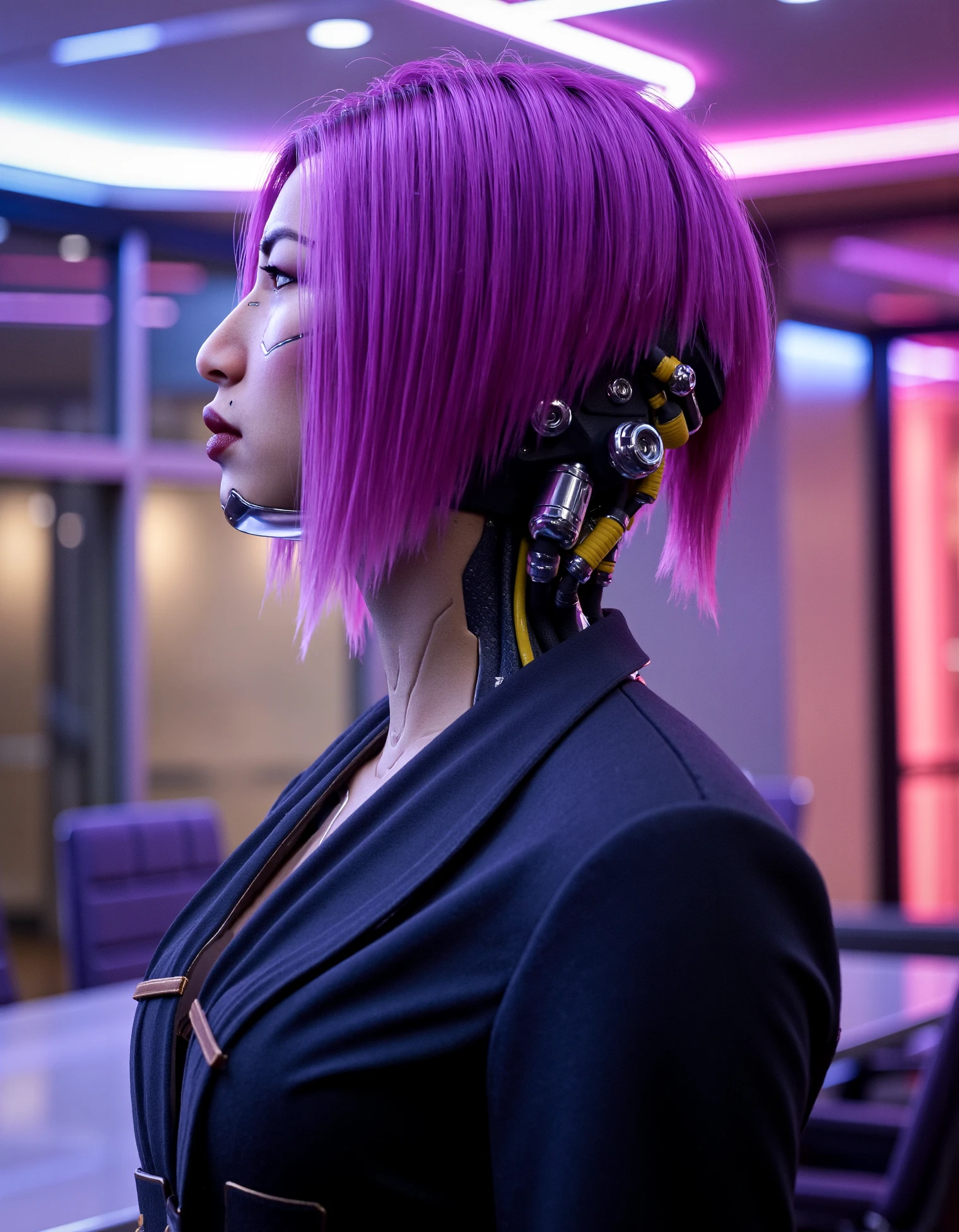 zavy-sngbrd-flx, sngbrd-chrm, the side view of a woman with vibrant purple hair and cyberware back and neck while wearing black corporate suit in sci-fi neon filled corporate conference room