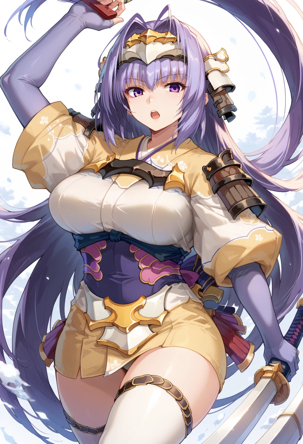 score_9, score_8_up, score_7_up, source anime, senhime, 1girl, solo, long hair, thighhighs, purple eyes, purple hair, weapon, open mouth, breasts, large breasts, armor, japanese clothes, white thighhighs, gun, musket, very long hair, looking at viewer, japanese armor, bridal gauntlets, obi, short kimono, headgear