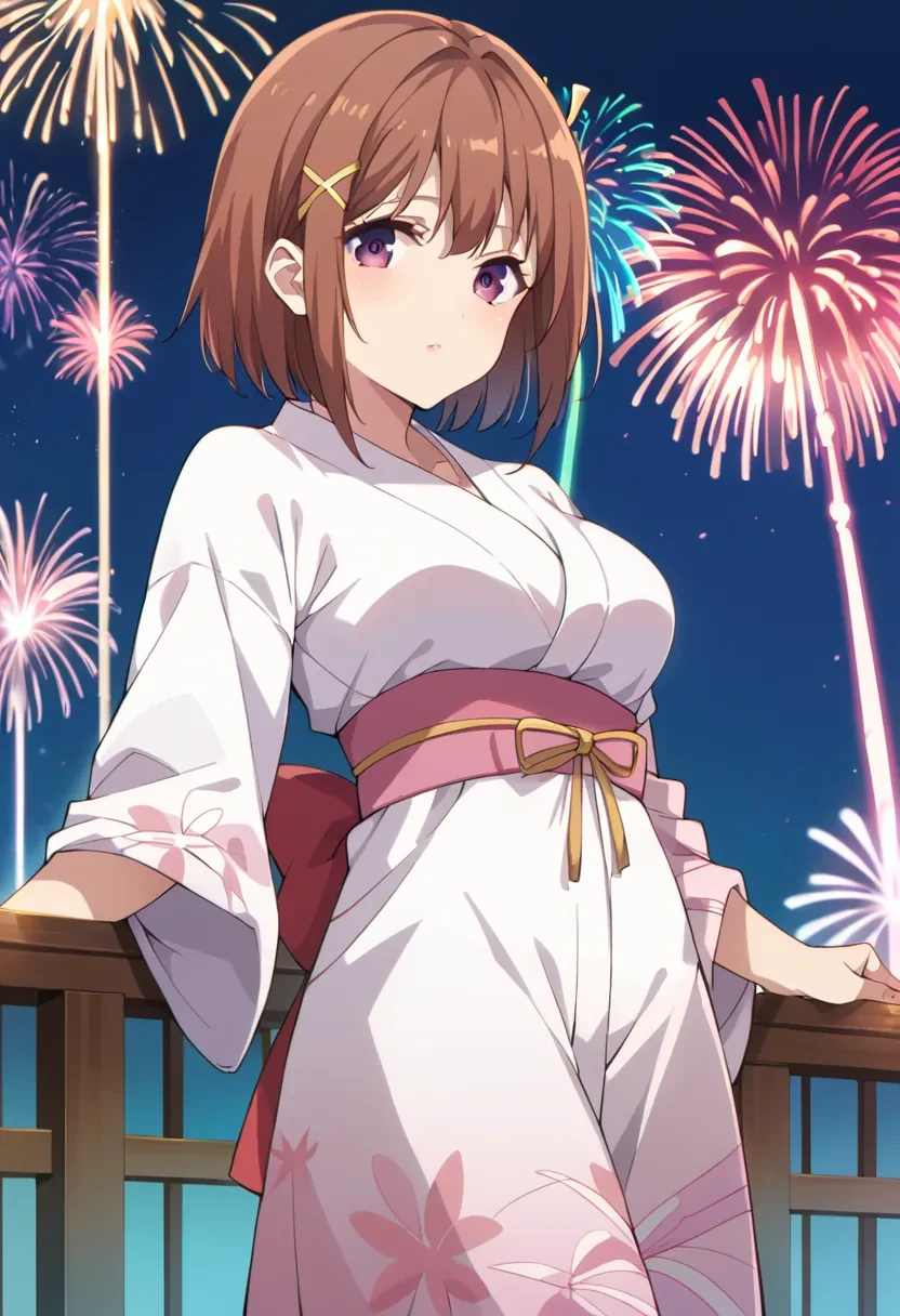 score_9, score_8_up, score_7_up, score_6_up,
masterpiece,

1girl, solo,

Minimi Nimi, purple eyes, brown hair, short hair, hair ornament, x hair ornament,

pink white japanese yukata, fireworks,