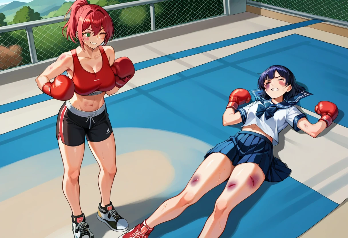 boxing gloves, red boxing gloves, red gloves, <lora:girlsboxingdownlorapony1-000100:0.3>, gbdown, full body, score_9, score_8_up, score_7_up, source_anime, 2girls, outdoors, landscape, BREAK
sports bra, bare shoulders, shorts, large breasts, collarbone, crop top, thighs, thighs, midriff, navel, 
shoes, arms up, smile, happy, standing, bruised eye, bruise on face, one eye closed, clenched teeth, BREAK
skirt, pleated skirt, school uniform, thighs, serafuku, sailor collar, bowtie,
lying, on back, lying on back, bruised eye, bruise on face, one eye closed, clenched teeth,