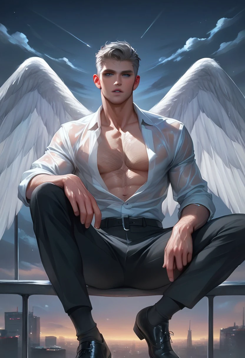 Lucifer, male body, angel with male face, six wings, nude, long unkempt orange hair, male, highly detailed, intricate details, dramatic lighting, cinematic atmosphere, vivid color, masterpiece, photorealistic, 8k, ultra-detailed, surreal, dramatic pose, powerful, mystical, amazing, glowing, sacred, celestial, sacred, mythical, fantasy, epic, movie, chiaroscuro lighting, dramatic shadows, volumetric lighting, depth of field, bokeh, beautiful lake