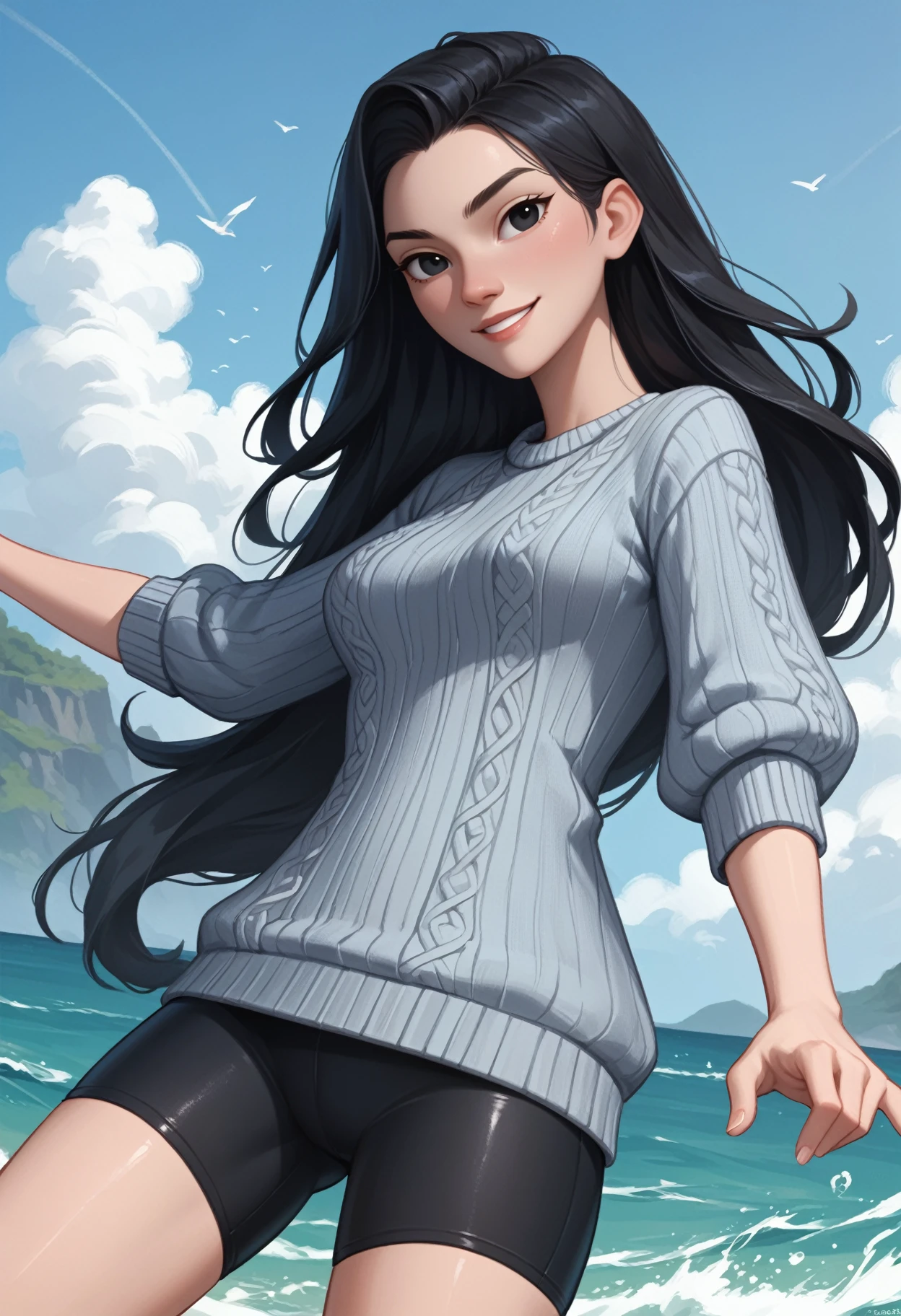 zPDXL3, score_9, score_8_up, score_7_up, score_6_up, score_5_up, score_4_up, 
1girl, solo, medium breasts, 
seductive smile, fighting stance,
sweater dress, bike shorts, 
shore,
<lora:Coral Island - Lily:0.6> cilily, black hair, long hair, black eyes,