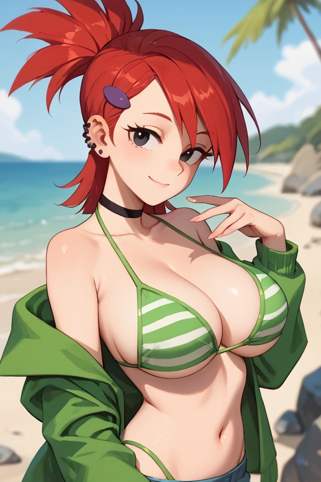 score_9, score_8_up, score_7_up, BREAK, 1girl, solo, breasts, frankiefoster, ponytail, hair ornament, earrings, black choker, shirt, green jacket, midriff, looking at viewer, smile, upper body, depth of field, red hair, big breasts, sexy, erotic, seductive smile, <lora:frankiefoster-guy-PONYv1:1>, piercing, bikini, outdoors, beach, rock, striped bikini, green bikini,