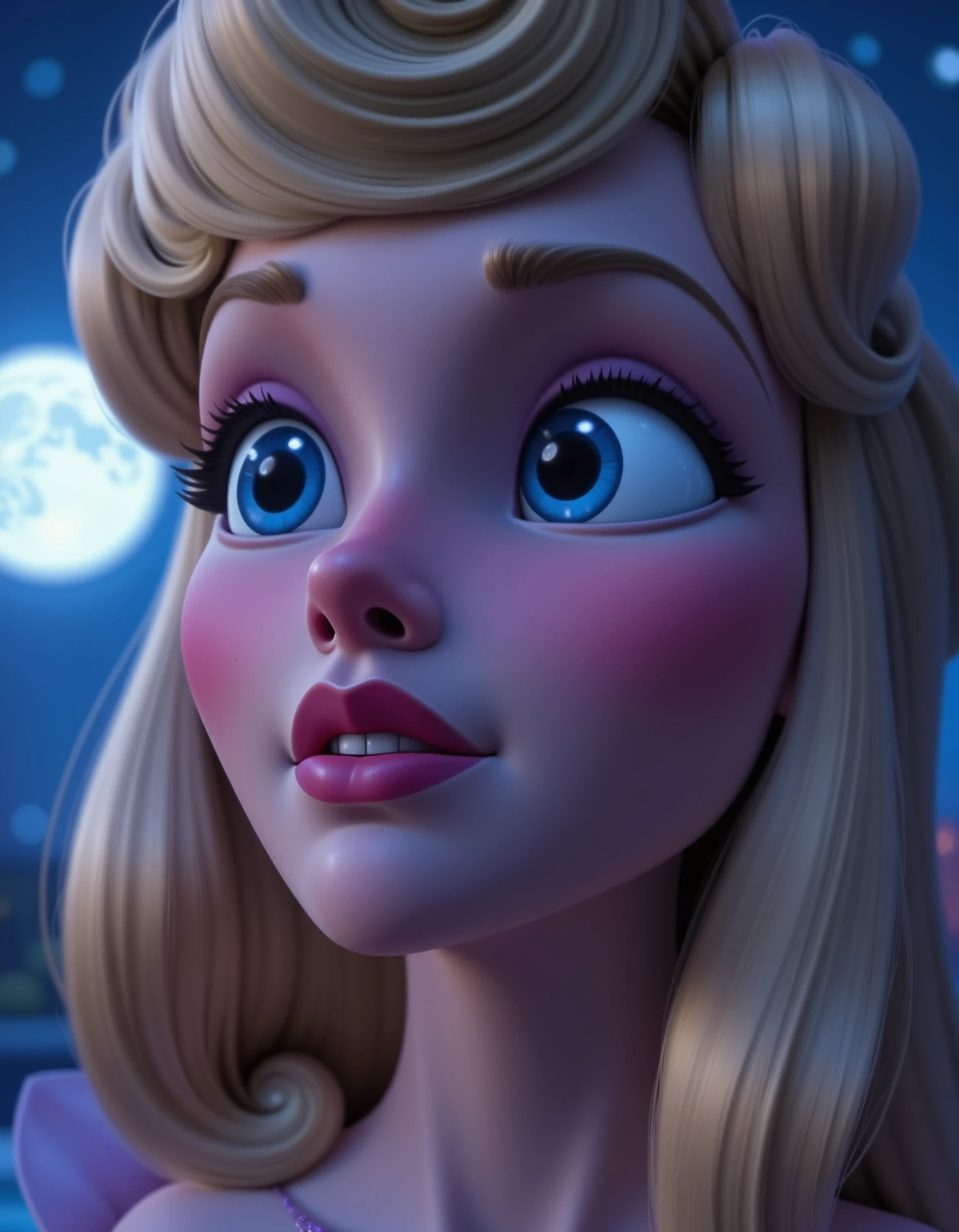 aurora, Briar Rose, A close-up of Aurora's face illuminated by the soft, ethereal glow of the moon. Her eyes are wide and reflective, capturing the moon's light, while her hair gently frames her face. Shadows create a mystical, dreamlike atmosphere, disney style