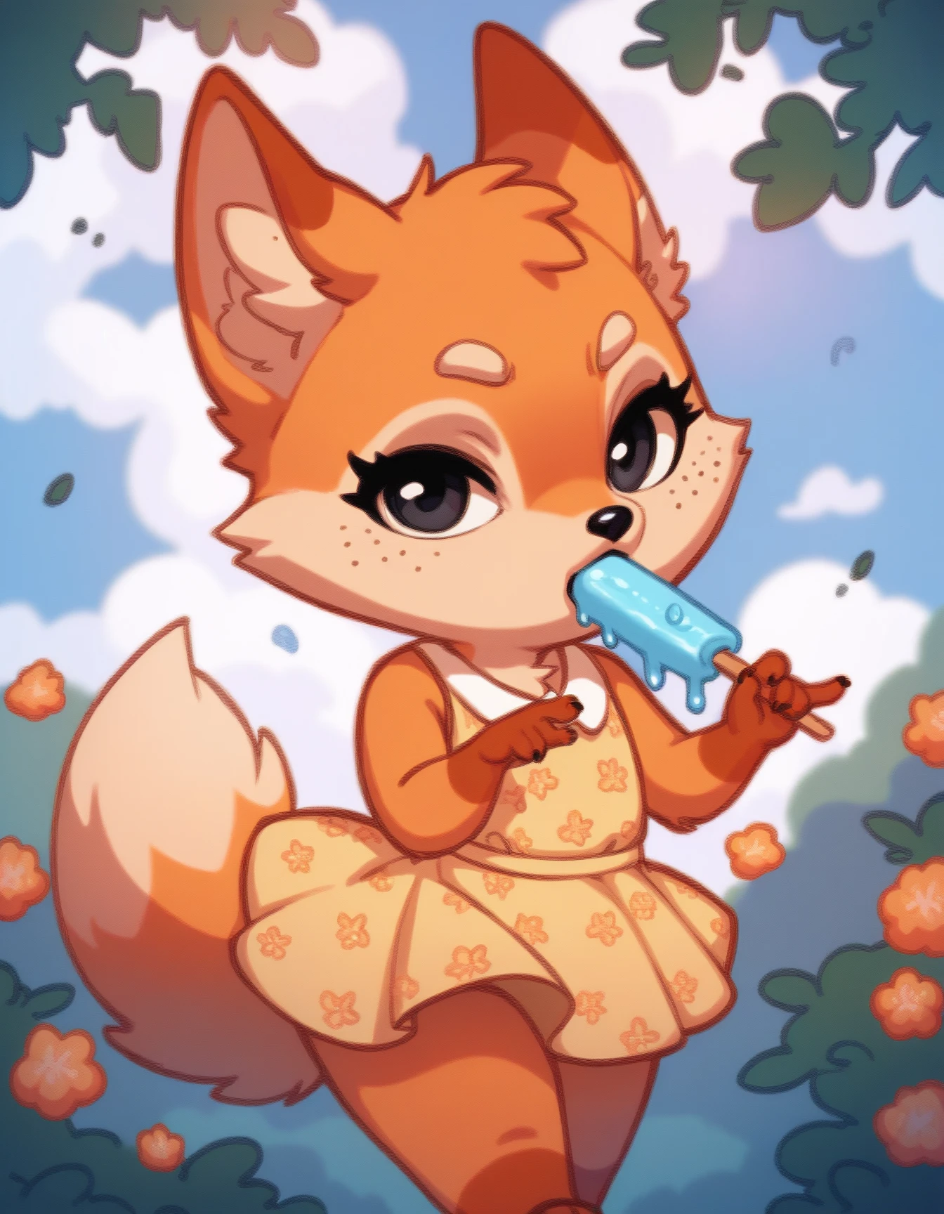 score_9, score_8_up, score_7_up, score_6_up, score_5_up, score_4_up, solo
Party_in_Rus, orange fur, two tone fur, black eyes, tail, yellow dress, light eyebrows, eat popsicle
 <lora:fox_Party_in_Rus'_XL:0.9>