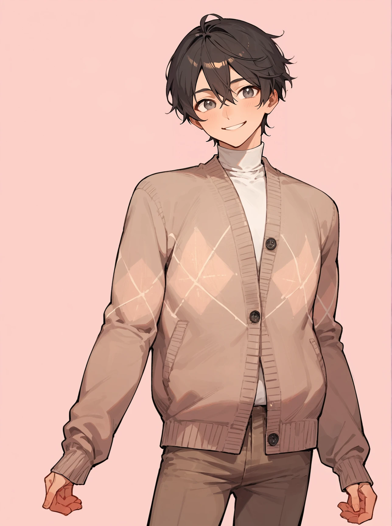 score_8_up, score_7_up, score_6_up, source_anime, 1boy, solo, simple background, pink background,
standing, pose, contrapposto, cowboy shot, facing viewer
smile, bishounen, brown eyes, black hair, hair between eyes, 
turtleneck, cardigan, argyle, brown pants <lora:maleoutfit01:1>