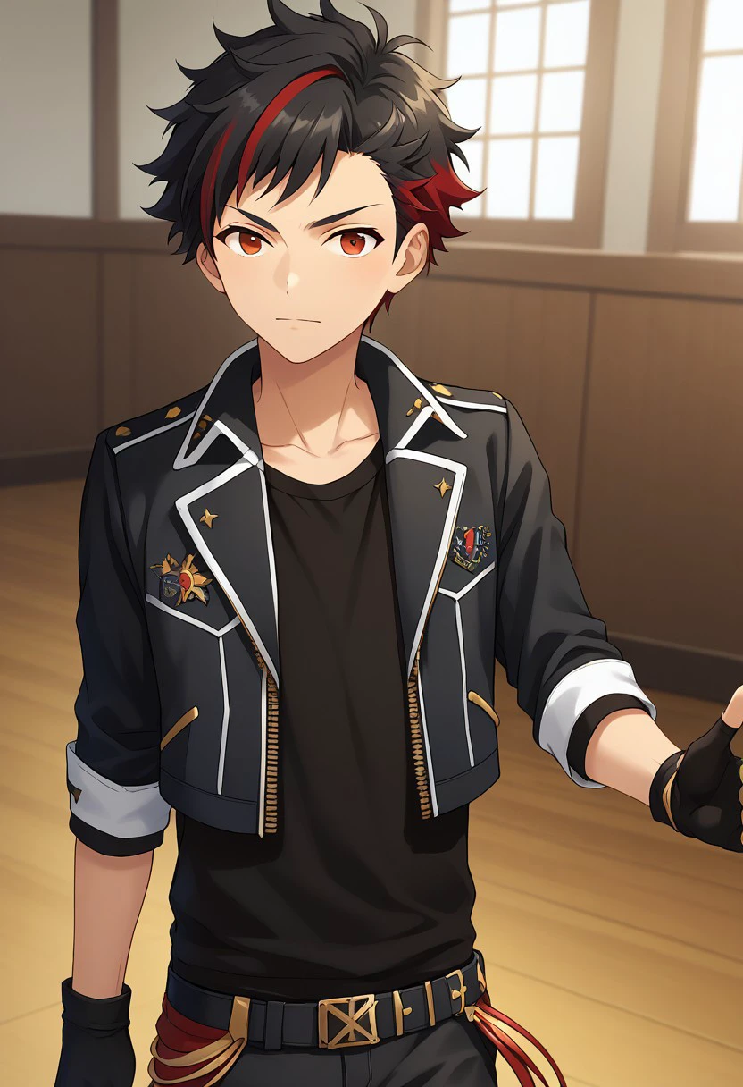 score_9, score_8_up, score_7_up, source_anime, highly detailed, 
nagumo, 1boy, male focus, solo, black hair, red hair, multicolored hair, streaked hair, red eyes, ryuseitai uniform, shirt, black shirt, jacket, black jacket, cropped jacket, pants, black pants, gloves, black gloves, fingerless gloves, boots, white footwear,
indoor, stage,