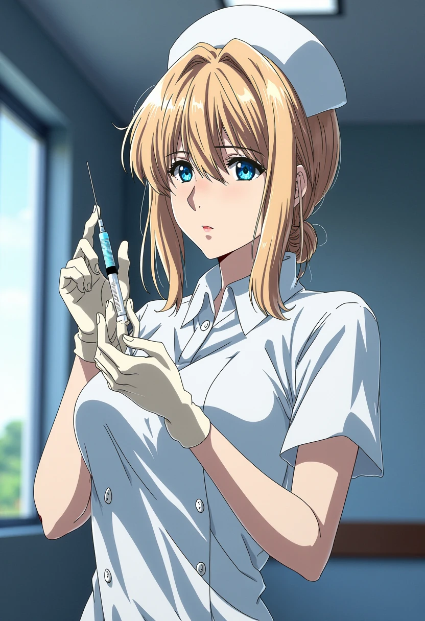 Anime style, sharp, high contrast and highly detailed. Ghibli anime style. Perfect anatomy. Perfect body ratio. No oversized head. No blurry, out of focus pictures. No simple background, no single color background
 <lora:Violet_evergarden_violet_flux_2_2:1> violeteg, blonde,,
She is wearing a white nurse uniform and a pure white nurse cap. She is preparing a syringe with both of her hands. She is inside a modern hospital.
 <lora:Nurse_Uniform_-_Anime_Flux-000003:1>