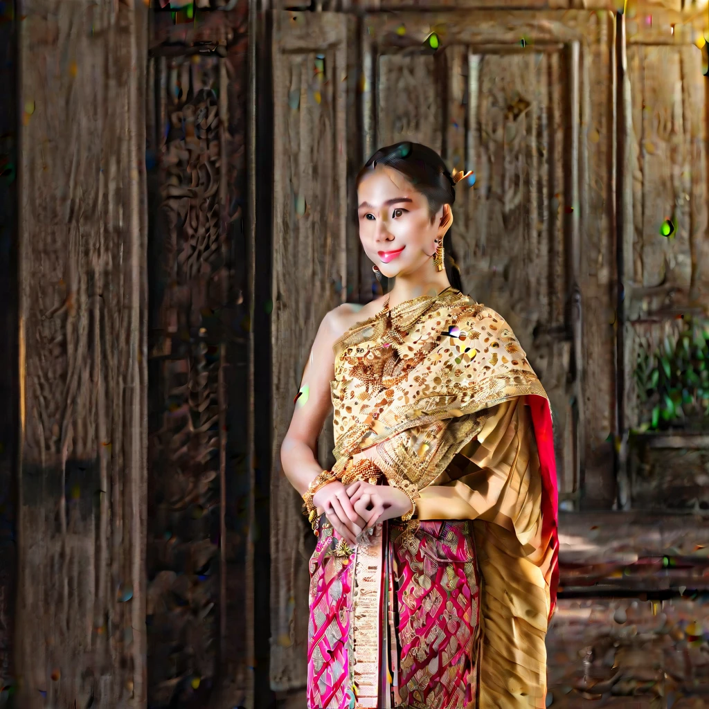 A girl beautiful 17 year old wear Thai woman dress in morning lighting