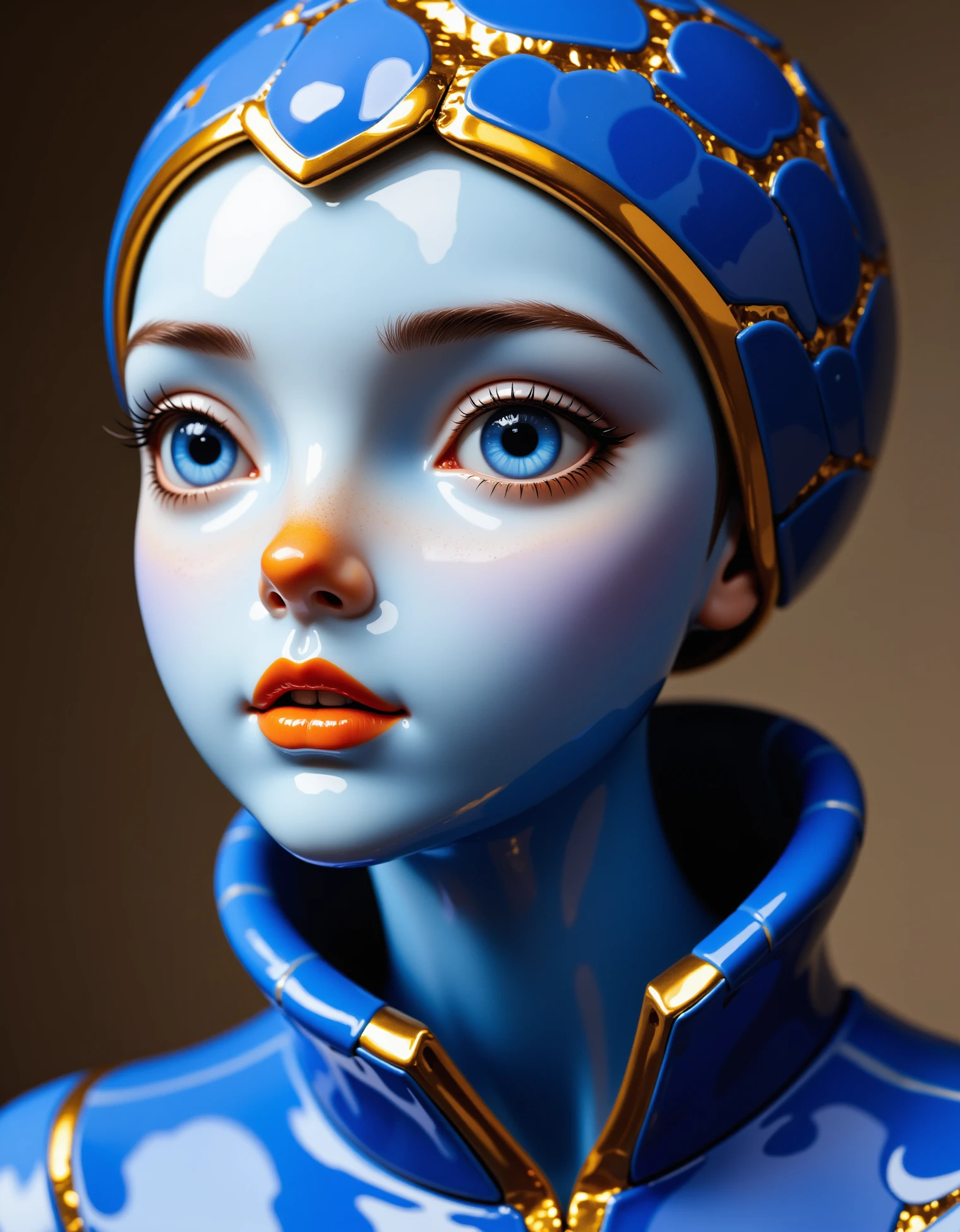 zavy-smthnm, a young woman made of delfts blauw porcelain with golden kintsugi cracks, cartoon style