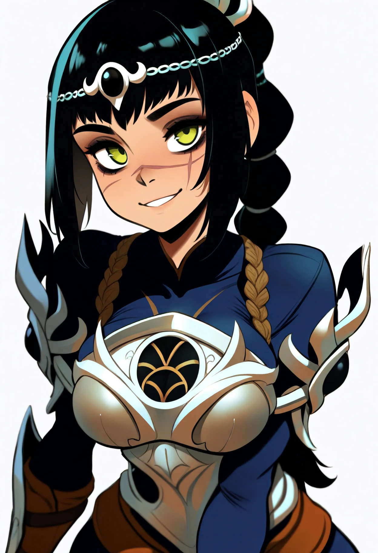 xaxaxa,
best quality, amazing quality, very aesthetic, absurdres,
1girl, solo, shadowheart, black hair, braided ponytail, green eyes, scar on face, circlet, armor, large breasts,
horny smile, looking at viewer, upper body, simple background, white background   <lora:ShadowHeartIllustrious_byKonan:0.8>    <lora:XaxaxaIllustriousXL_byKonan:1>