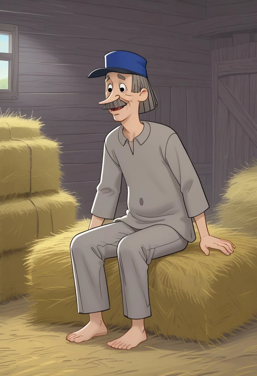 score_7, score_8, pechkin, male, prostokvashino, black eyes, long nose, gray hair, mustache, at barn background, barefoot, sitting on hay, torogao, postman cap, gray pants, gray shirt,