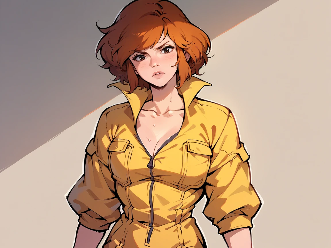 score_9, score_8_up, score_7_up, score_6_up, score_5_up,   <lora:AprilONeilXLP:1> april o'neil, 1girl, solo, orange hair, short hair, jumpsuit