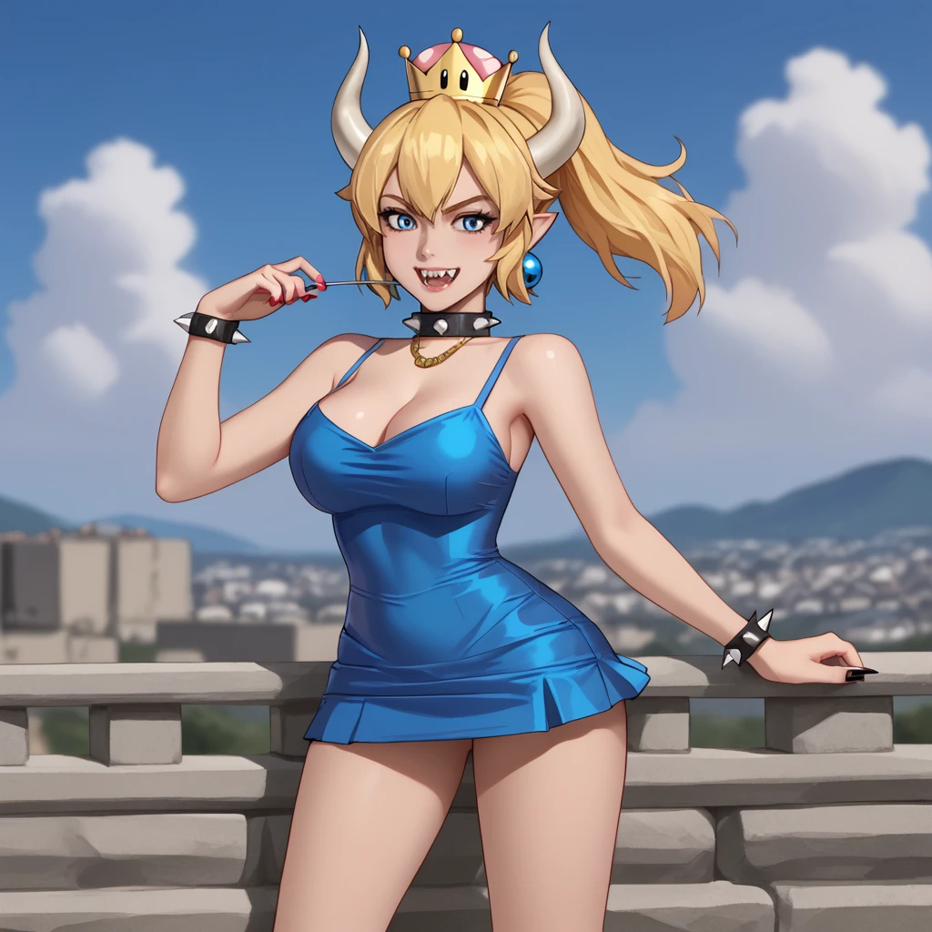 <lora:bowsette_pony_v1:.8>Bowsette, 1girl, solo, blue eyes, horns, jewelry, spikes, ponytail, earrings, super crown, blonde hair, large breasts, spiked collar, pointy ears, spiked bracelet, sharp teeth,  sharp fingernails, nail polish, black nails, cowboy shot <lora:0878 Laser nightclub skirt_v1_pony:1> ruanyi0878,blue dress,short skirt, skirt,