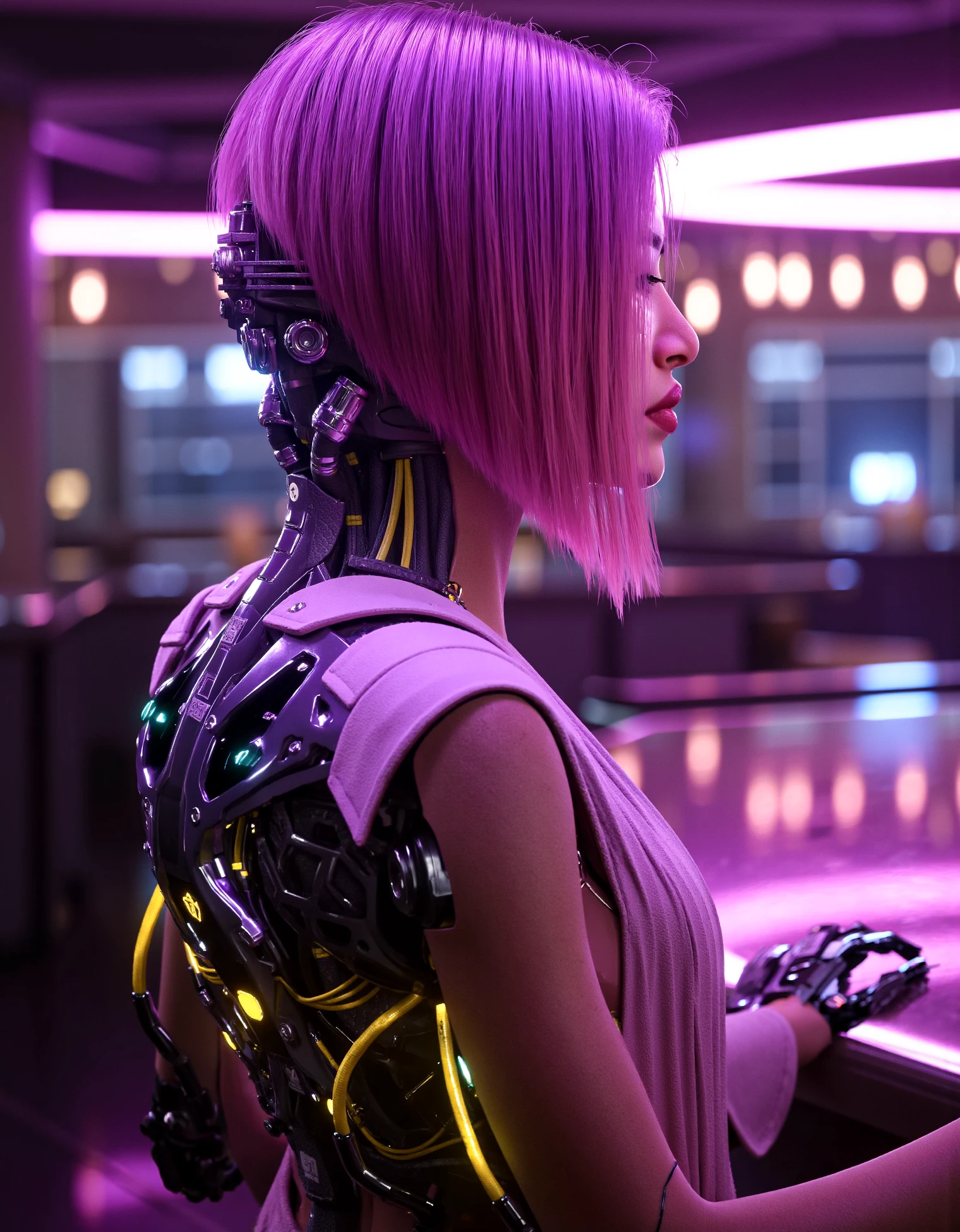 zavy-sngbrd-flx, sngbrd-chrm, the profile of a woman with vibrant purple hair and cyberware back and neck while wearing beige drapes and her cyberware arms uncovered. The environment is a dark atmospheric sci-fi neon filled nightclub