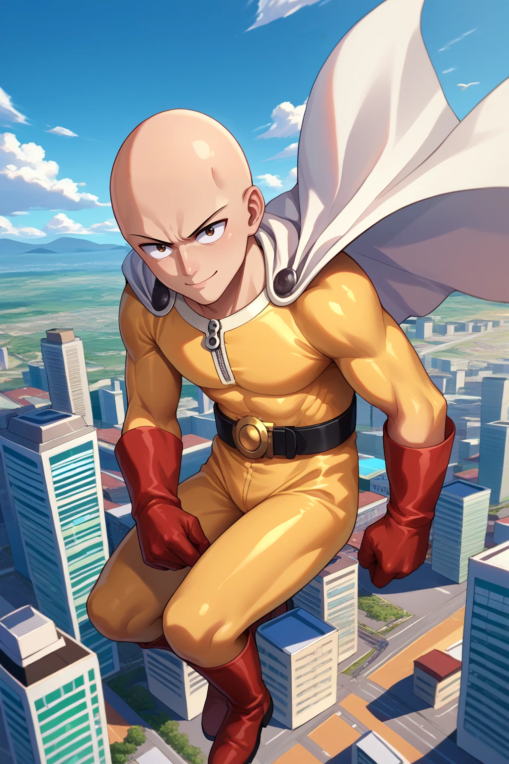 score_9, score_7_up, source_anime, smile, 0pm, 1boy, bald, brown eyes, yellow bodysuit, white cape, red gloves, zipper, black belt, belt buckle, red boots, flying, above clouds, city, <lora:Hoseki_OnePunchMan_Saitama_PDXL_v1:1>