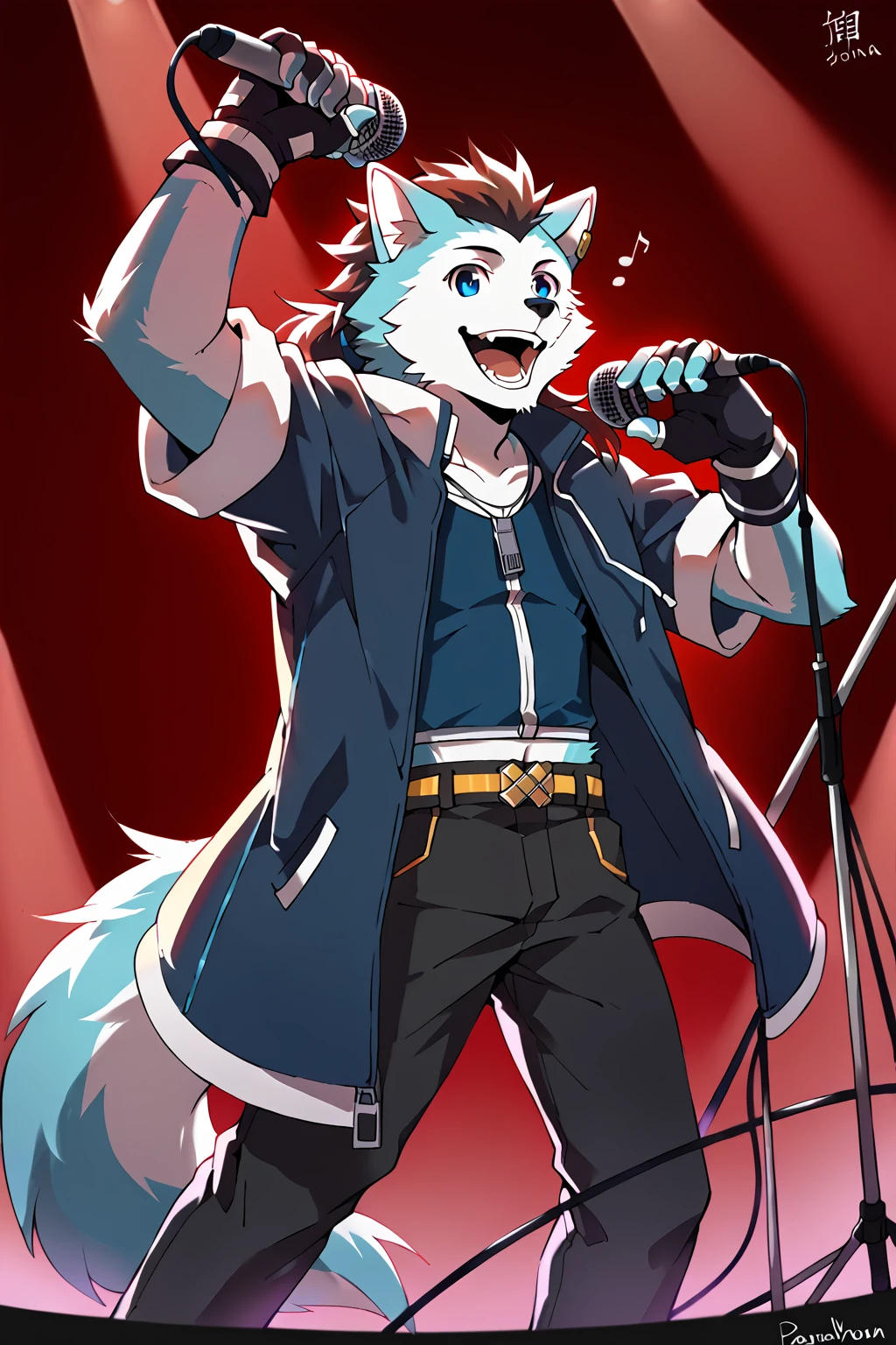 score_5_up, Score_6_up, Score_7_up, solo, anthro male, shikirowen, cyan fur, white fur, two tone, stage, microphone, fingerless gloves, blue pupils, concert, singing, pants, jacket