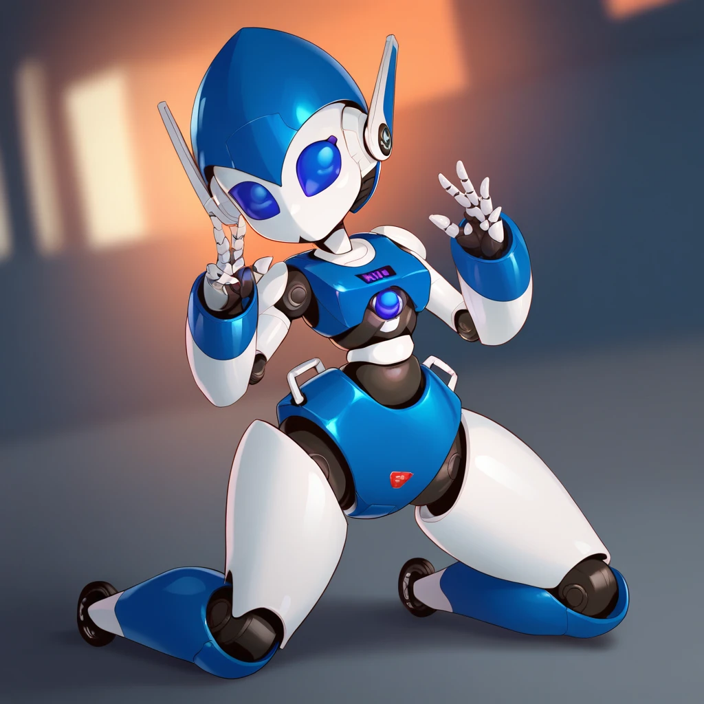 score_9_up, score_8_up, BREAK, ZoneTron, 1girl, solo, robot, blue eyes, humanoid robot, android, full body, <lora:ZoneTronRobot_PXL_Leaf1:0.8>, blurry background,