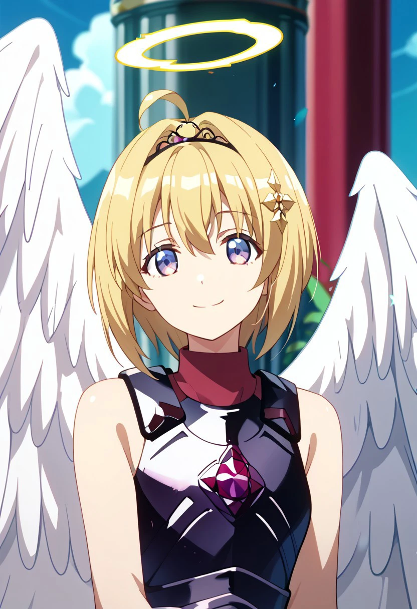 score_9,score_8_up,score_7_up,source_anime, Kaede Honjou (Loving Sacrifice),1girl,solo,looking at viewer,smile,closed mouth,bare shoulders,purple eyes,upper body,ahoge,wings,sleeveless,halo,tiara,feathered wings,angel wings,white wings,angel,pillar,